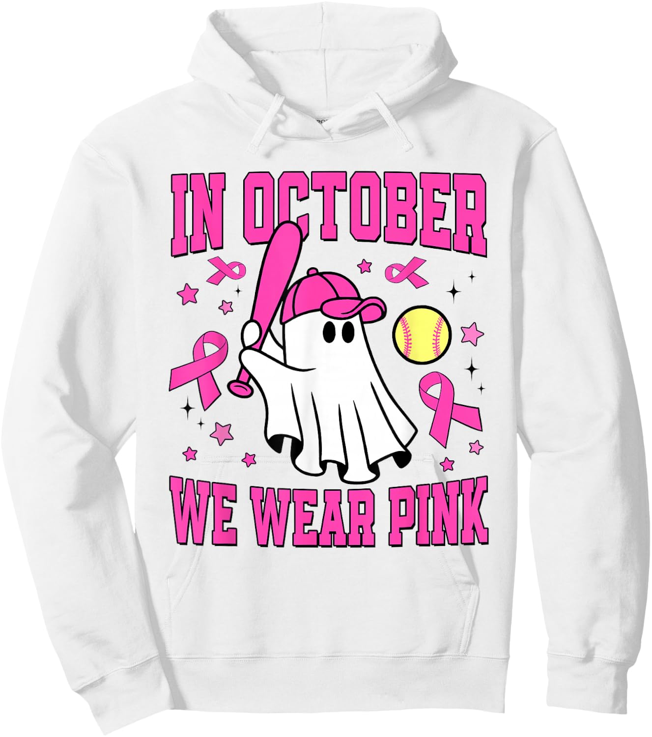 In October We Wear Pink Ghost Softball Funny Breast Cancer Hoodie - Hoodie | White