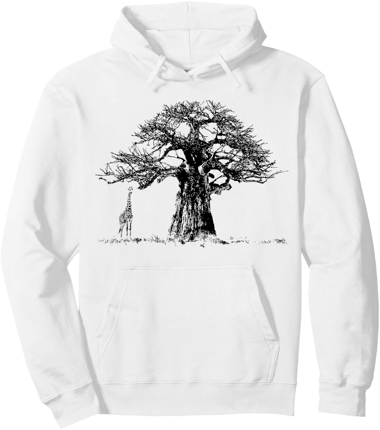 Baobab Tree and Giraffe Artwork in Graphic Monochrome Hoodie - Hoodie | White