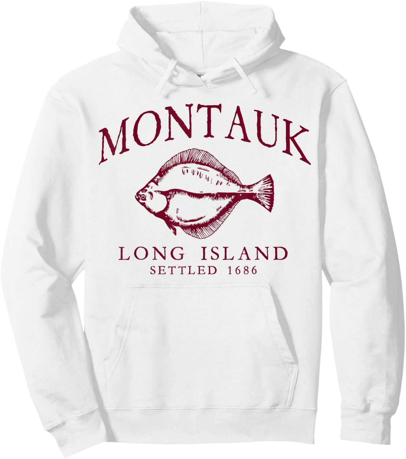 Montauk Long Island Settled 1686 Fluke Flounder Fishing Red Hoodie - Hoodie | White