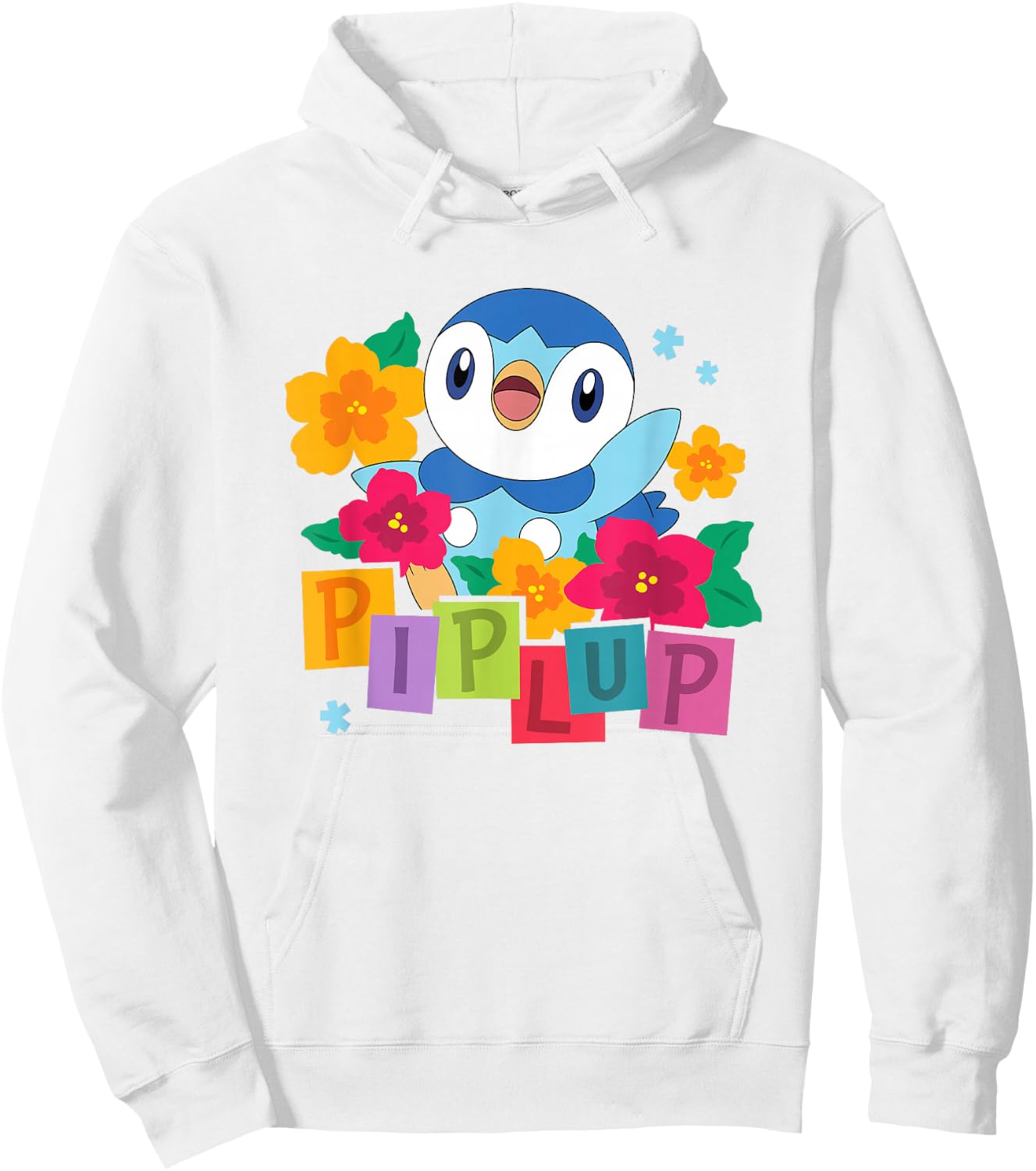 Pokémon Cute Happy Piplup Big Chest Colorful Floral Poster Hoodie - Hoodie | White