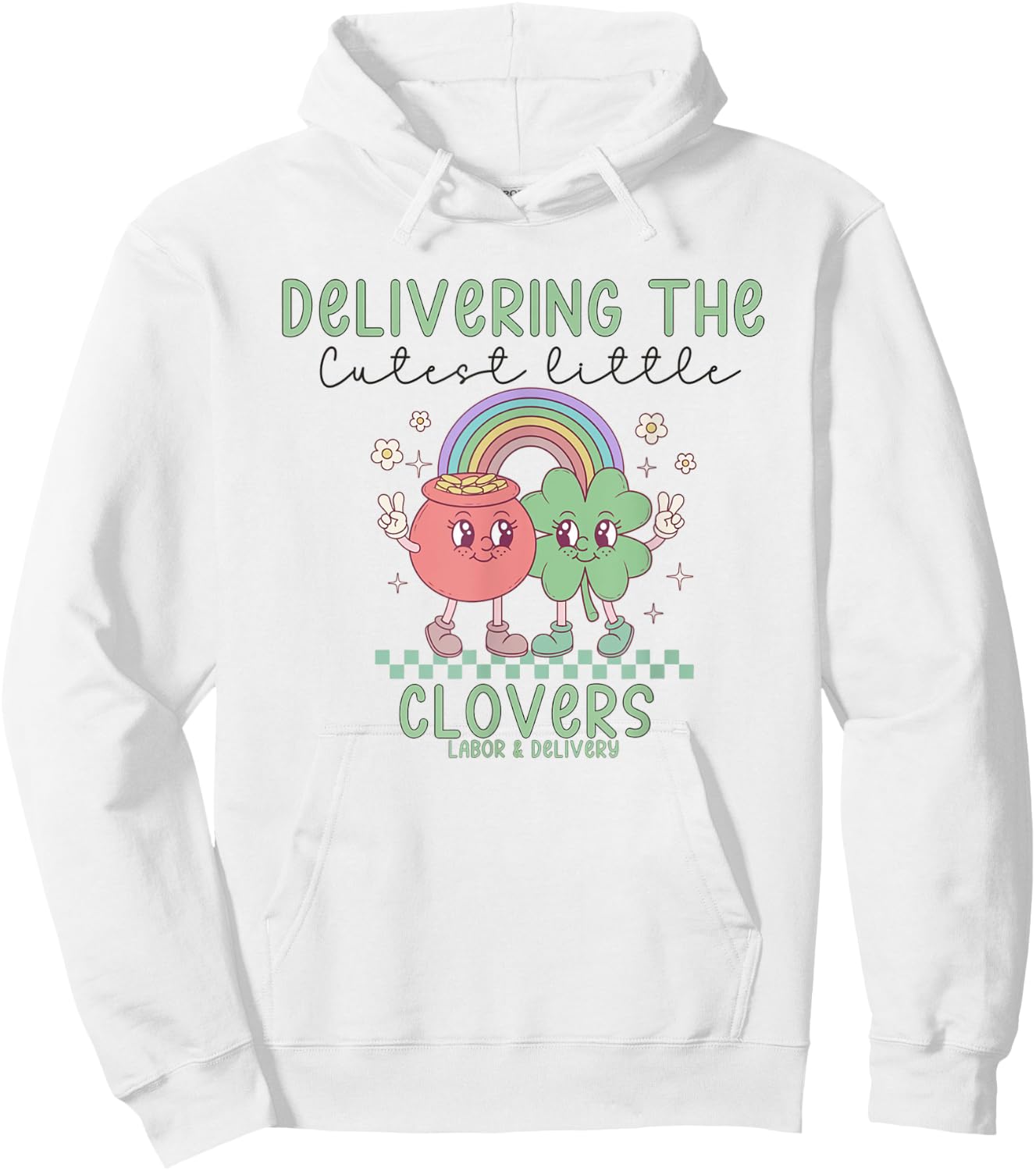 Retro Labor and Delivery Nurse St Patrick's Day Shamrocks Hoodie - Hoodie | White