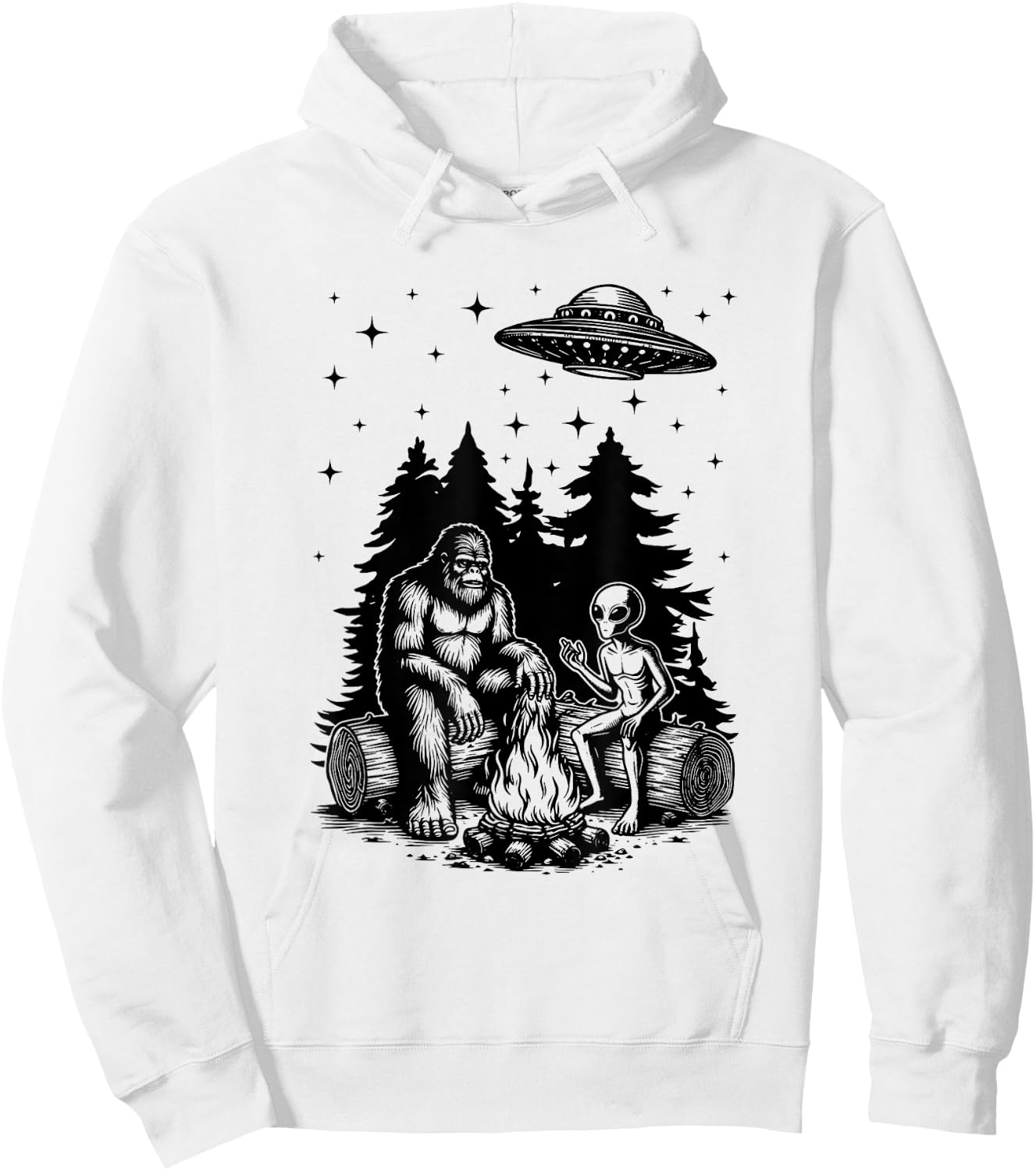 Alien And Bigfoot Campfire Sasquatch UFO For Outdoor Lovers Hoodie - Hoodie | White