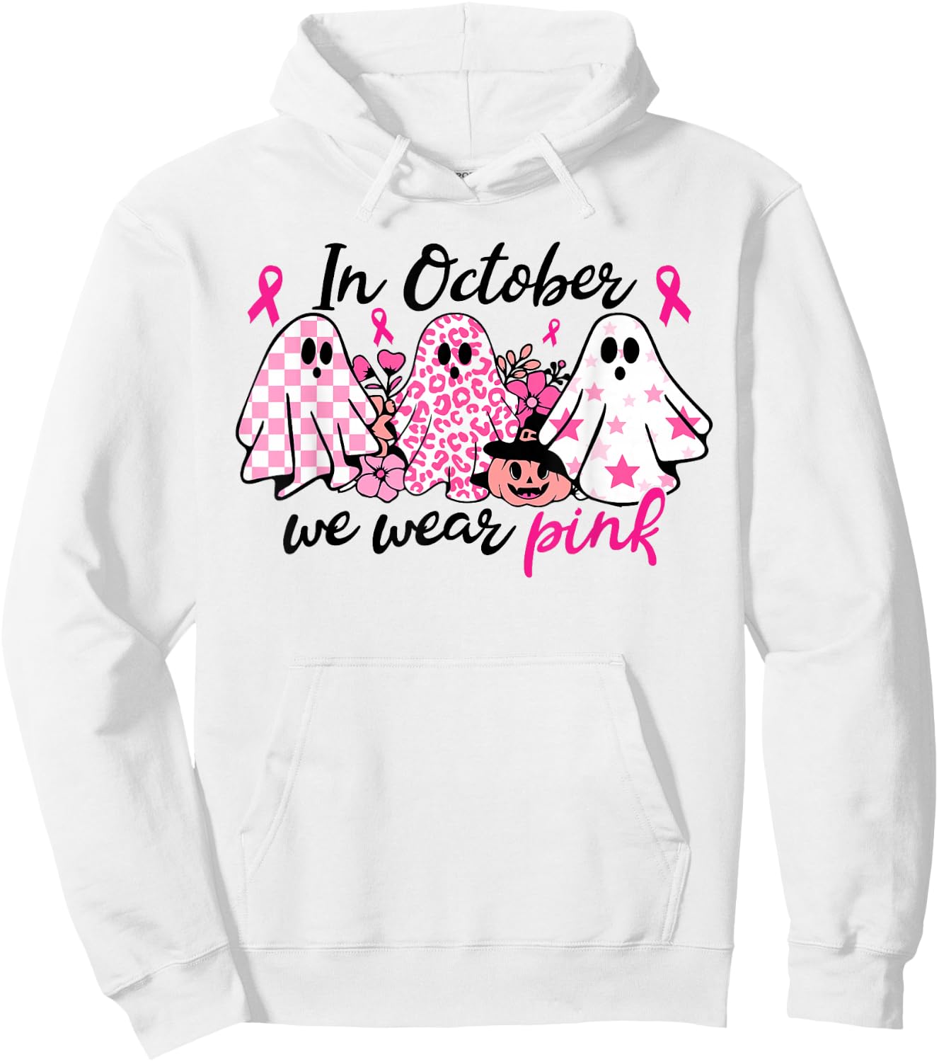 In October We Wear Pink Ghost Breast Cancer Halloween Hoodie - Hoodie | White