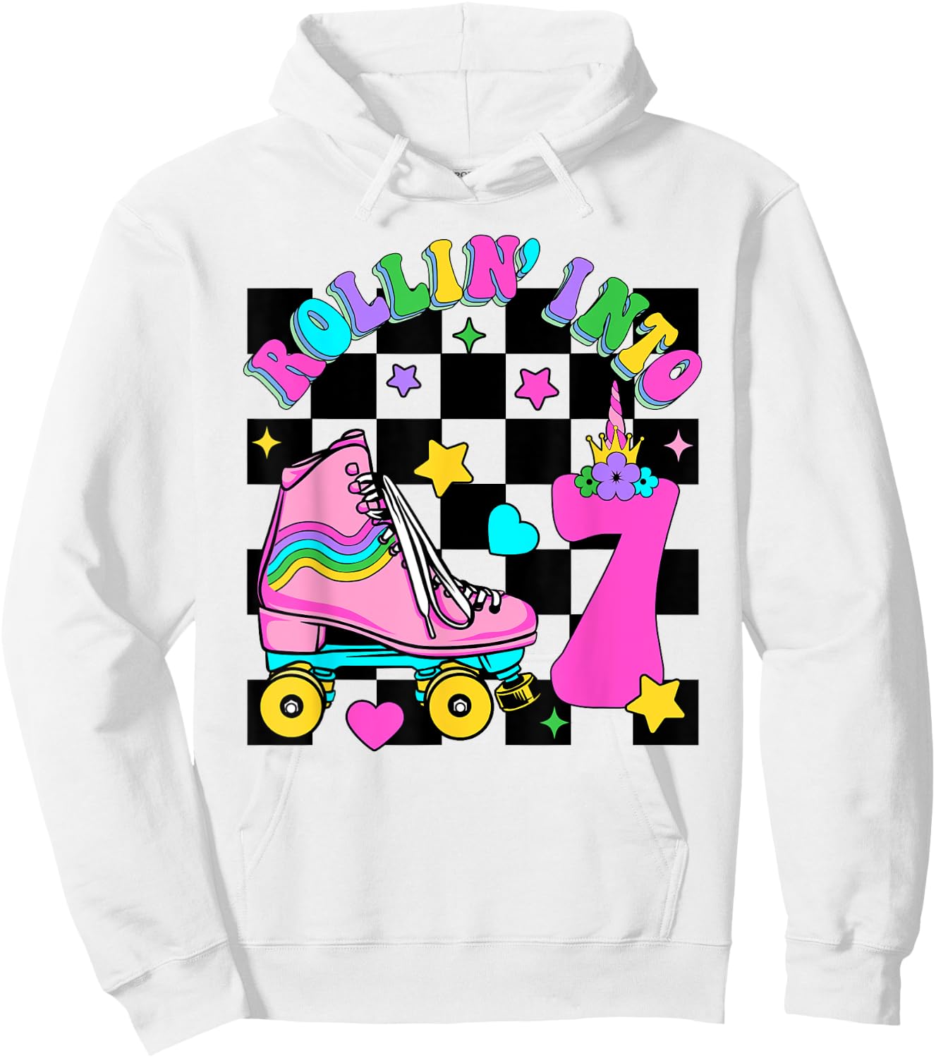 Rolling Into 7 Years Old Skater 7th Birthday Kids Girls Hoodie - Hoodie | White
