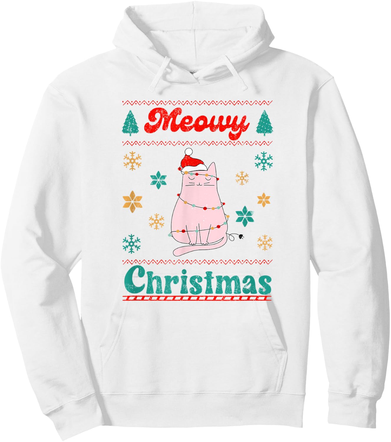 Meowy Catmas Christmas Cat in Santa Hat & Christmas Lights Hoodie - Hoodie | White