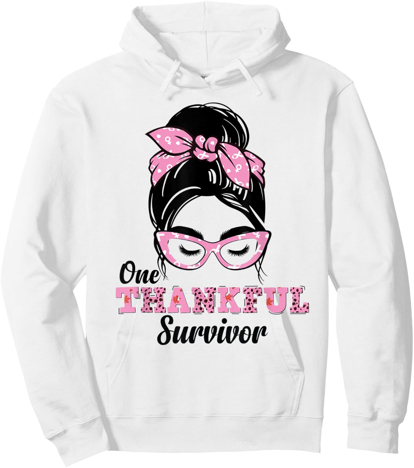 One Thankful Survivor Messy Bun Breast Cancer Awareness Hoodie - Hoodie | White