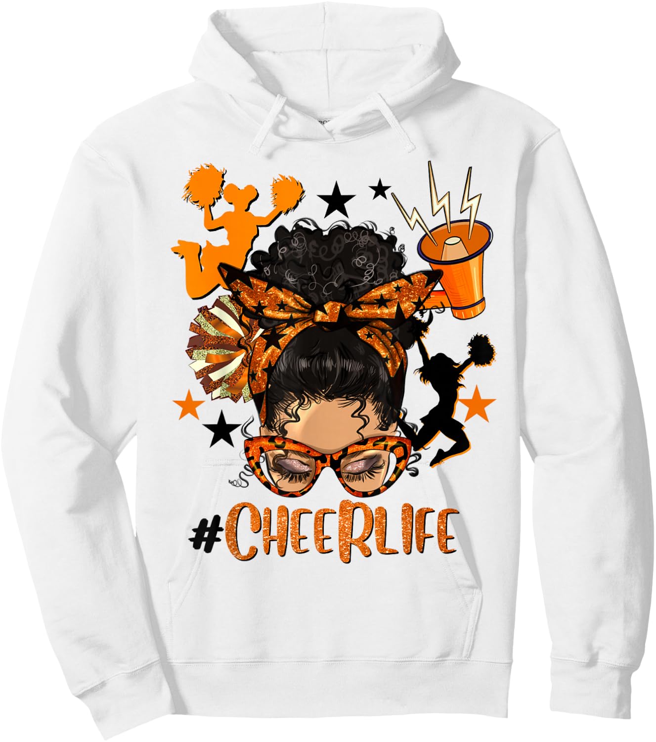 Cheer Life Messy Bun Brunette Orange Black Cheerleading Team Hoodie - Hoodie | White