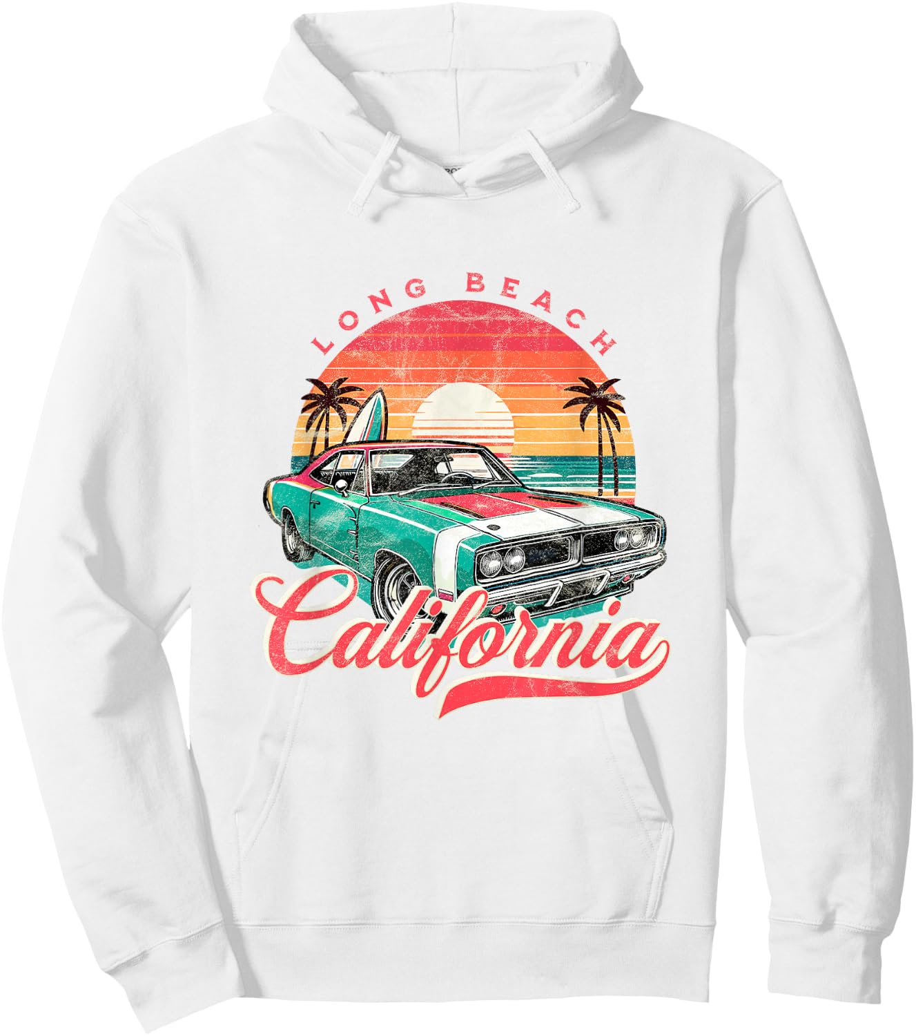 Classic Muscle Car Retro Long Beach California Surfer Sun Hoodie - Hoodie | White