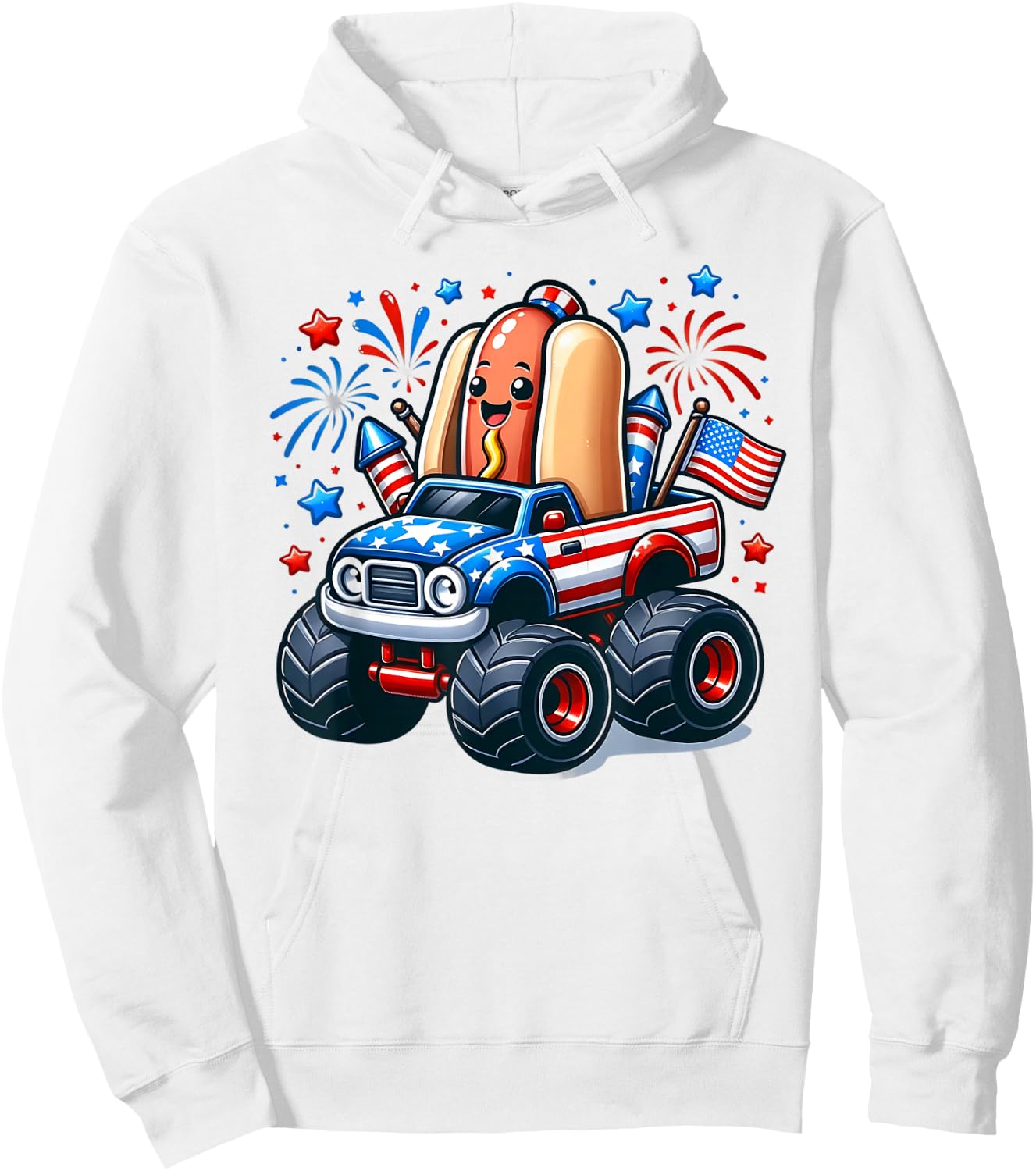 4th of July Shirts Boys Kids Hot Dog Red White Blue USA Flag Hoodie - Hoodie | White