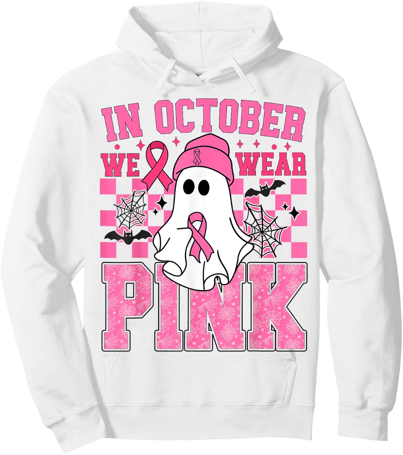 In October We Wear Pink Breast Cancer Awareness Halloween Hoodie - Hoodie | White