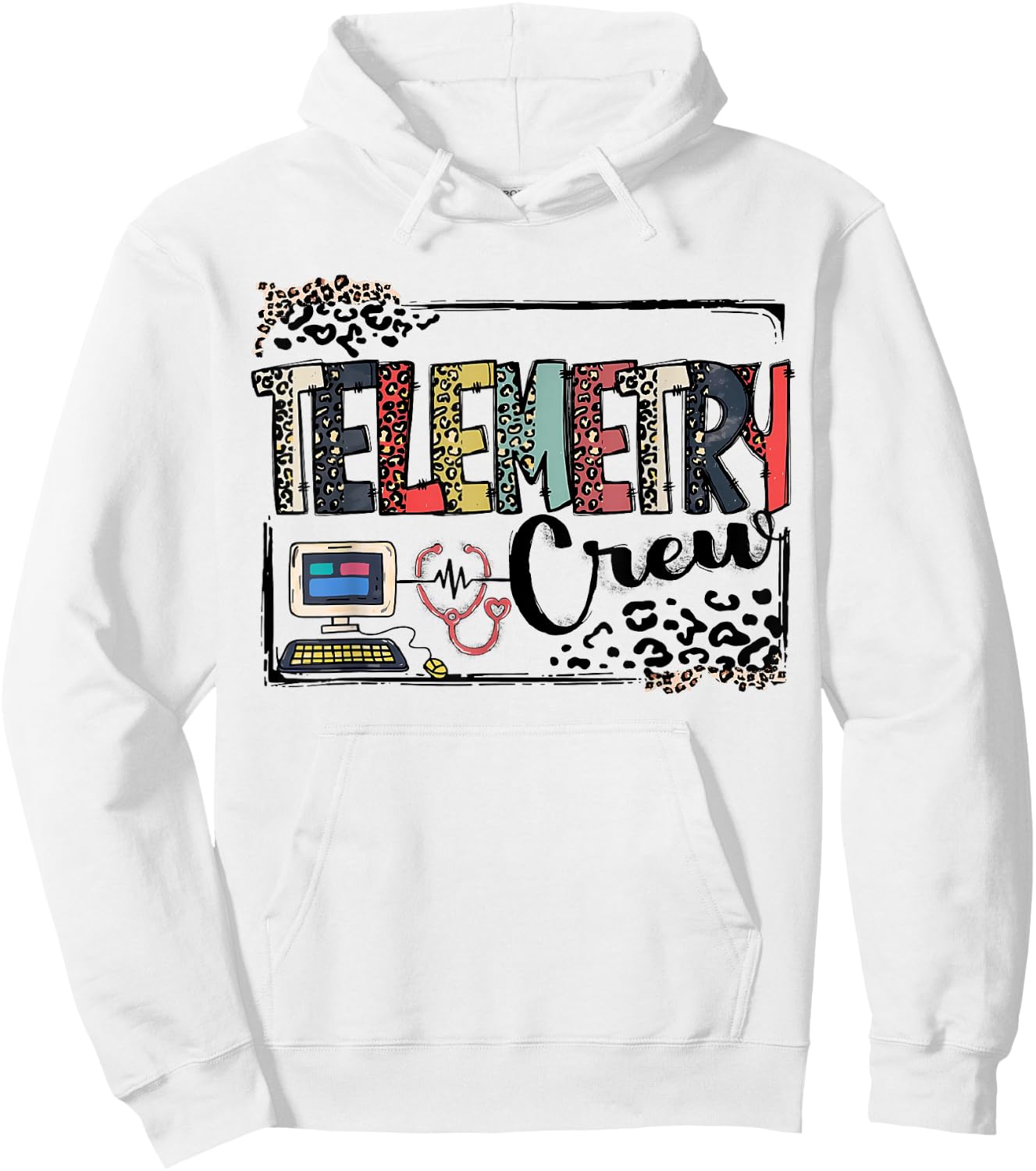 Leopard Lettering Telemetry Crew Cardiac Telemetry Tech Hoodie - Hoodie | White