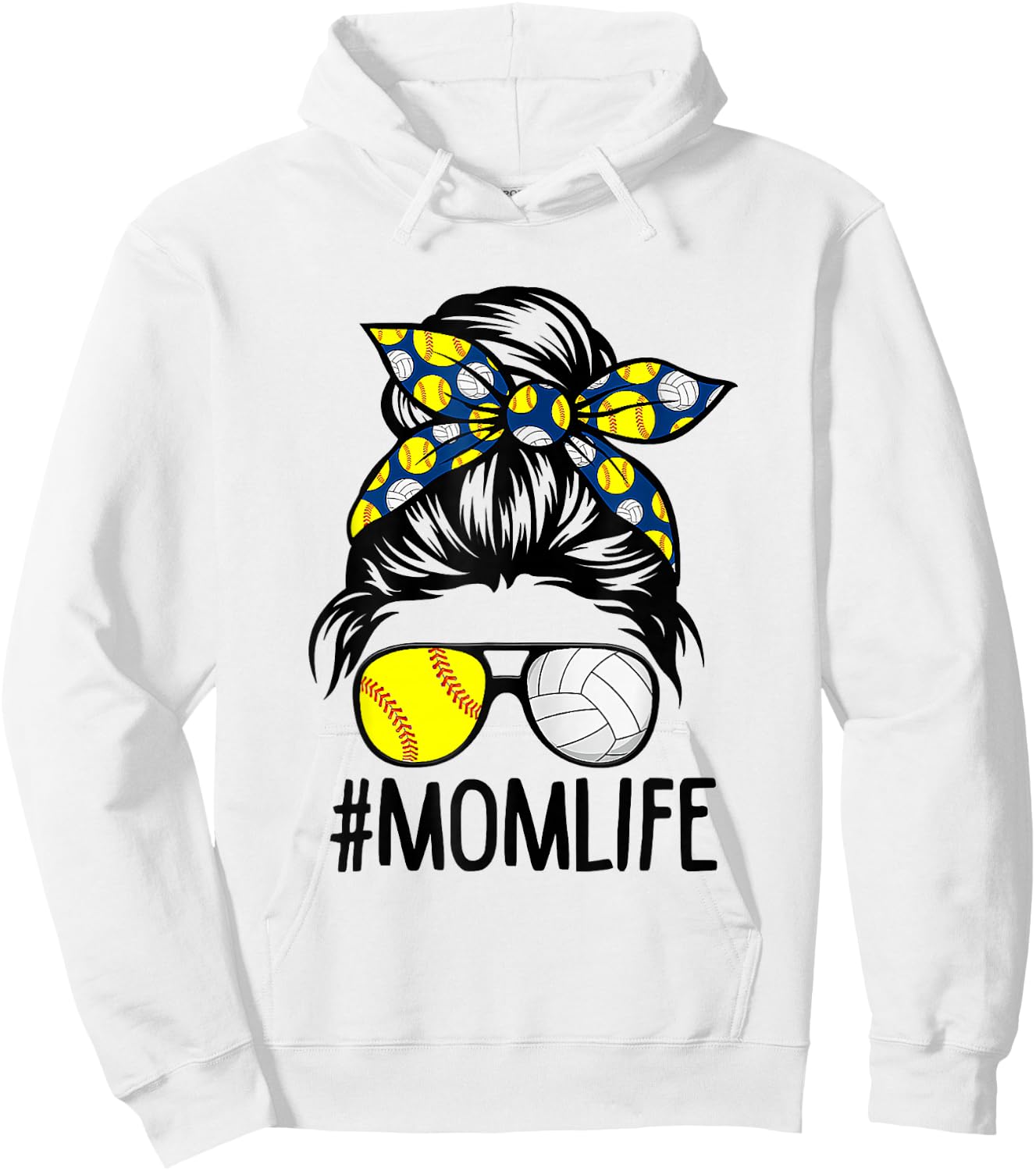 Dy Mom Life Softball Volleyball Mothers Day Messy Bun Hoodie - Hoodie | White