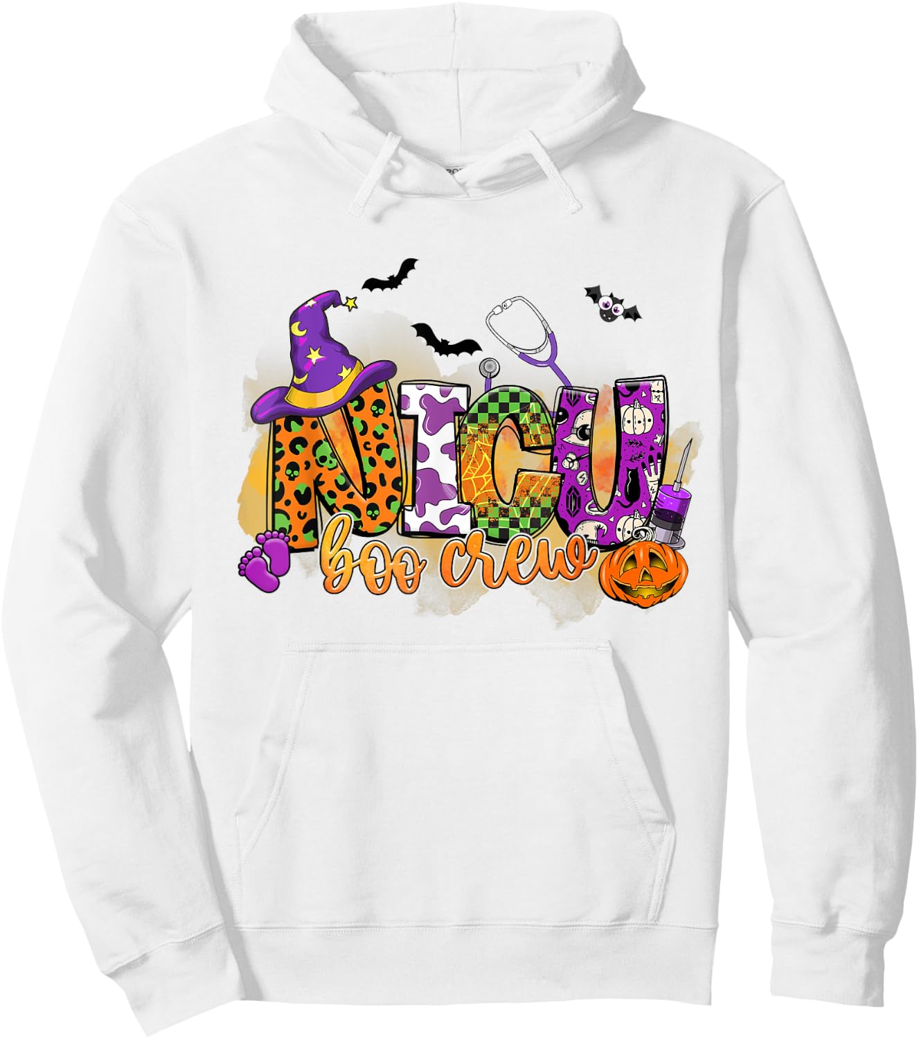 NICU Boo Crew Pumpkin Witch Hat Funny Halloween Hoodie - Hoodie | White