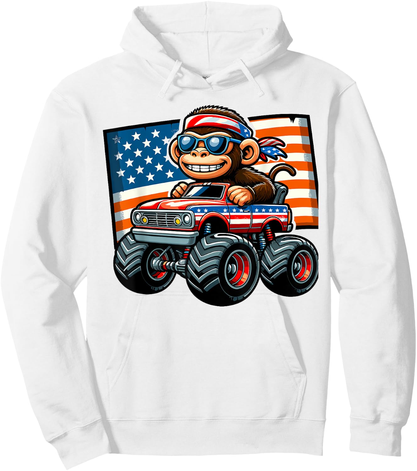 Patriotic Monkey 4th July Monster Truck American Women Kids Men Hoodie - Hoodie | White