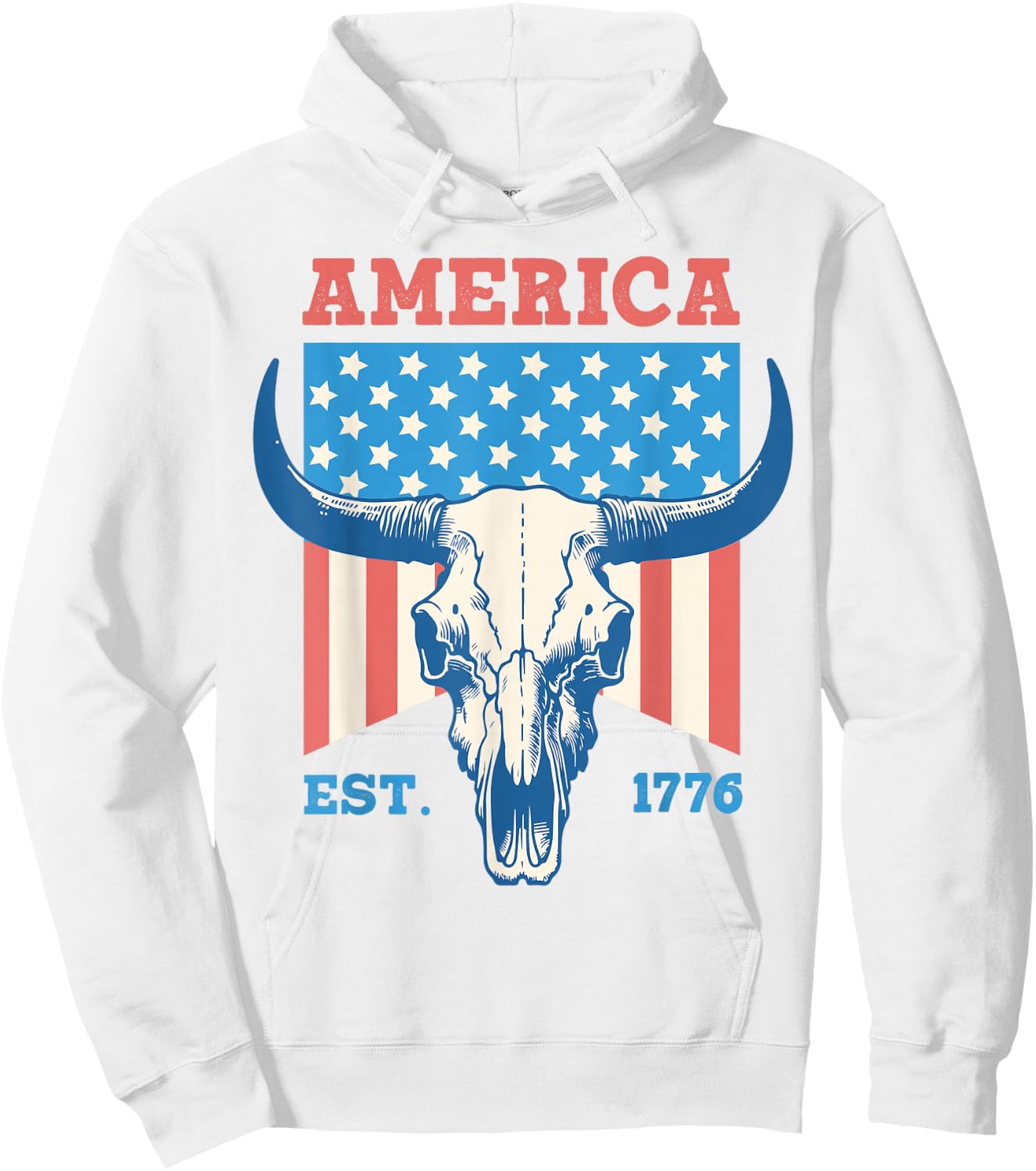 America Est 1776 Vintage Bull Skull US Flag 4th of July Women Kids Men Hoodie - Hoodie | White