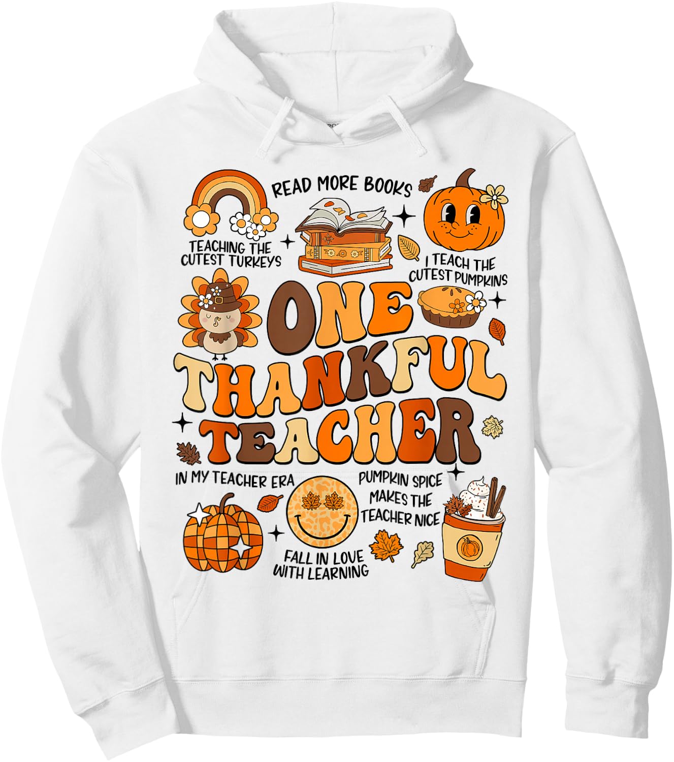 One Thankful Teacher Thanksgiving Retro Groovy Fall Teachers Hoodie - Hoodie | White