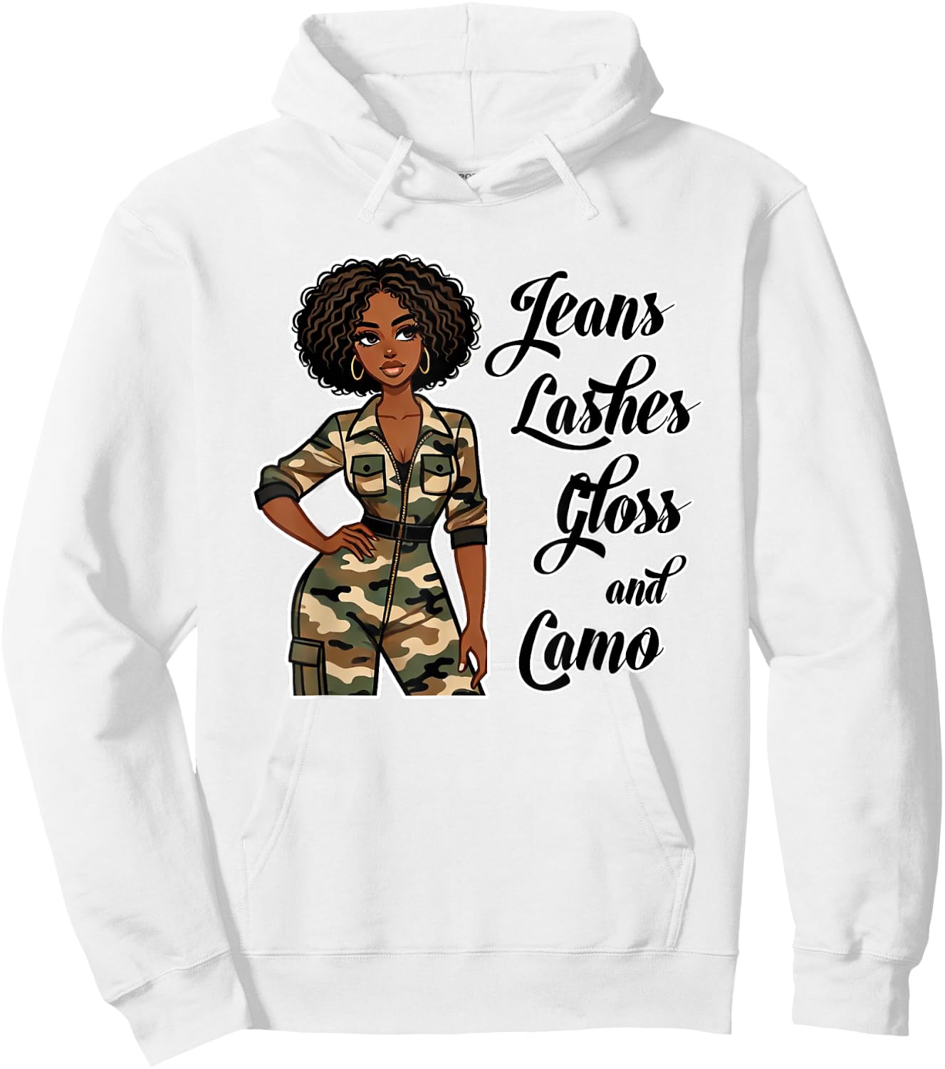 Jeans Lashes Gloss and Camo Black Woman Afro Hoodie - Hoodie | White
