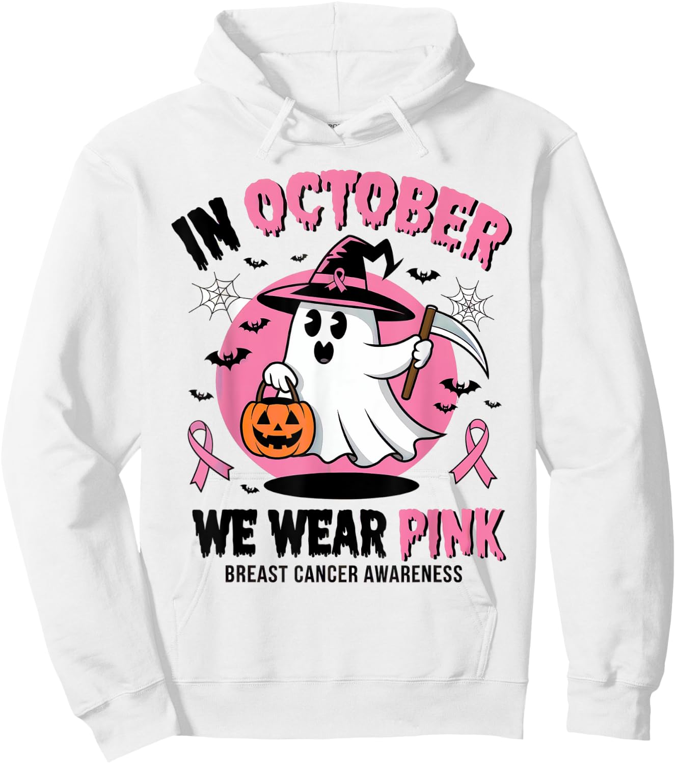 In October We Wear Pink Ghost Witch Breast Cancer Awareness Hoodie - Hoodie | White