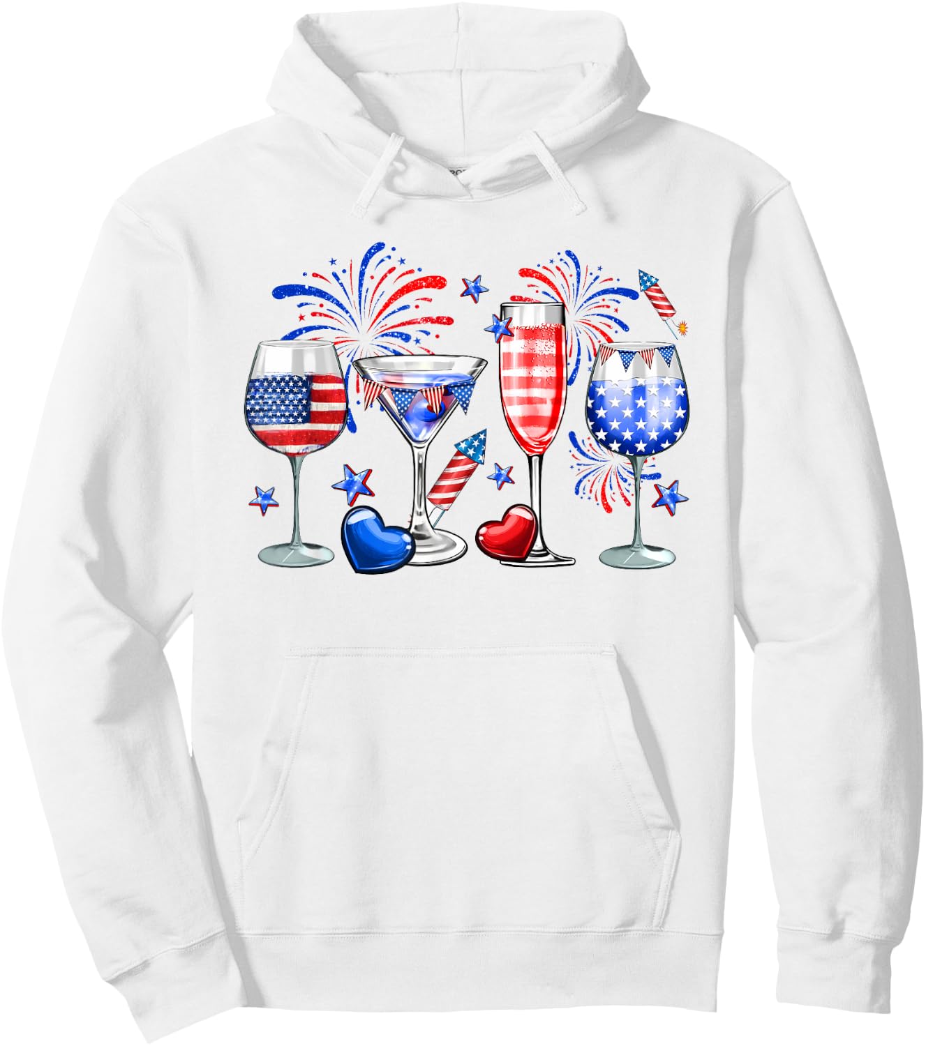 Wine Glasses 4th Of July Drinking Red White Blue USA Flag Hoodie - Hoodie | White