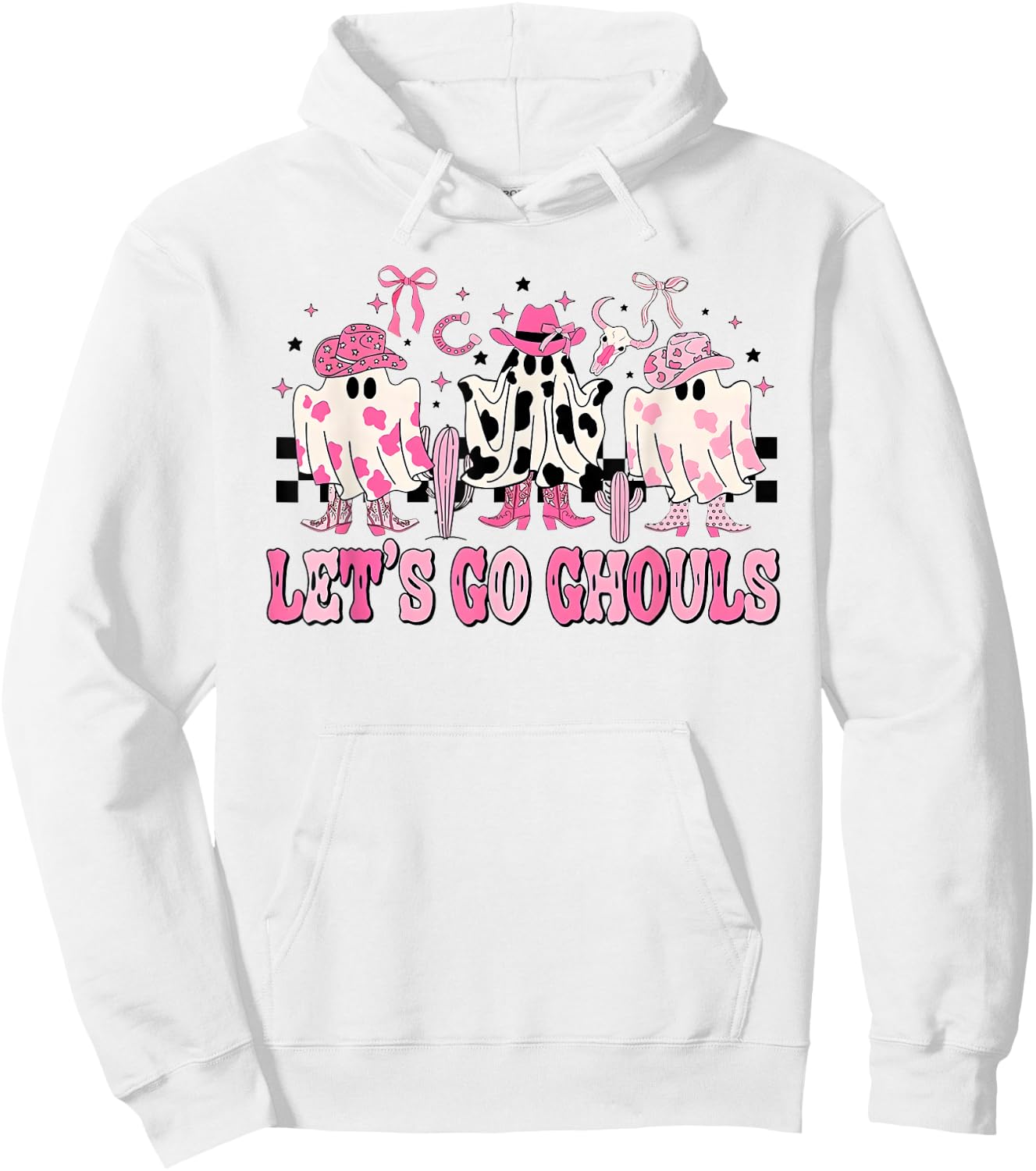 Lets Go Ghouls Groovy Pink Ghost Halloween Western Cowgirl Hoodie - Hoodie | White