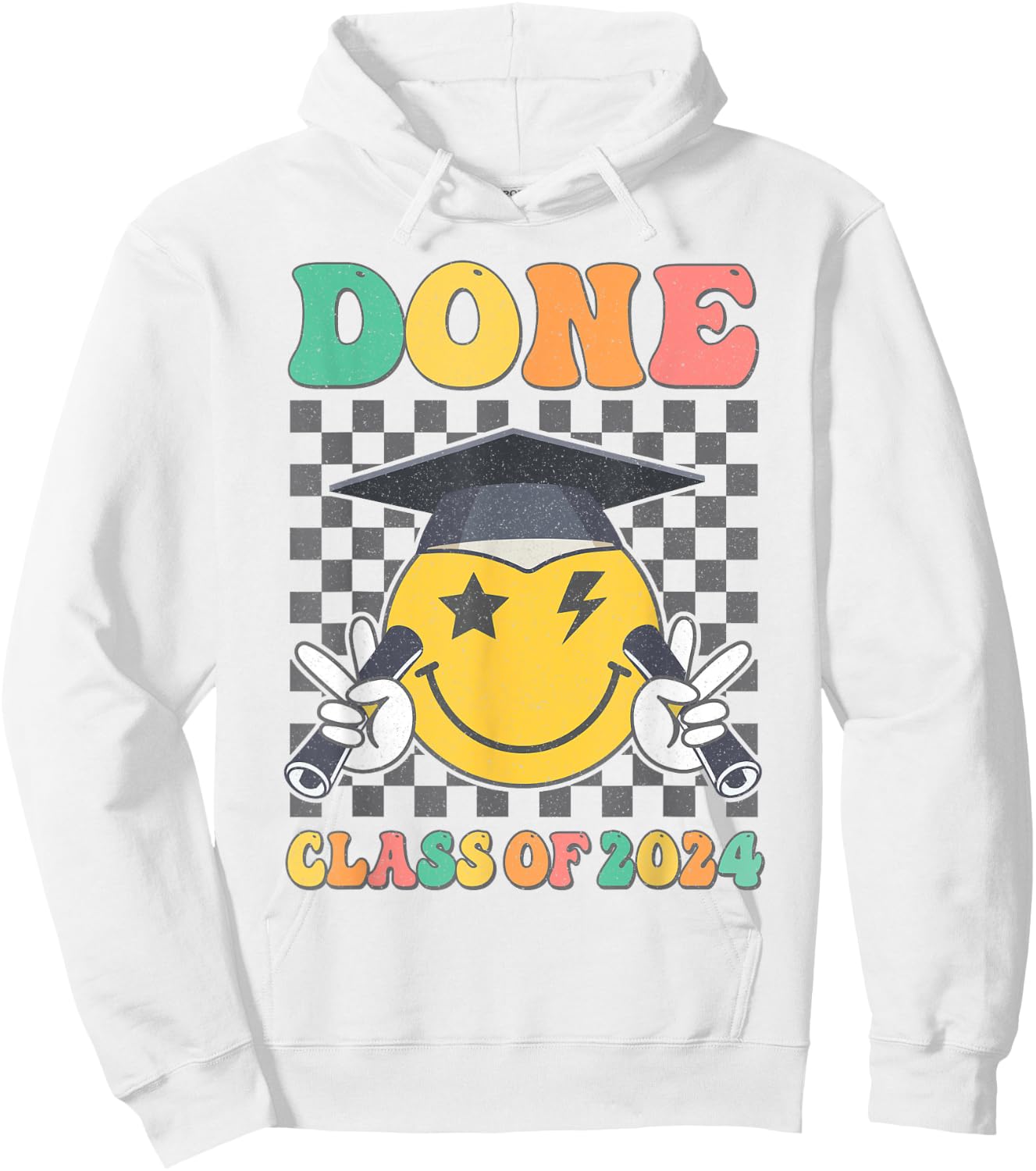 Retro Groovy DONE Class Of 2024 Smile Face Senior Graduation Hoodie - Hoodie | White