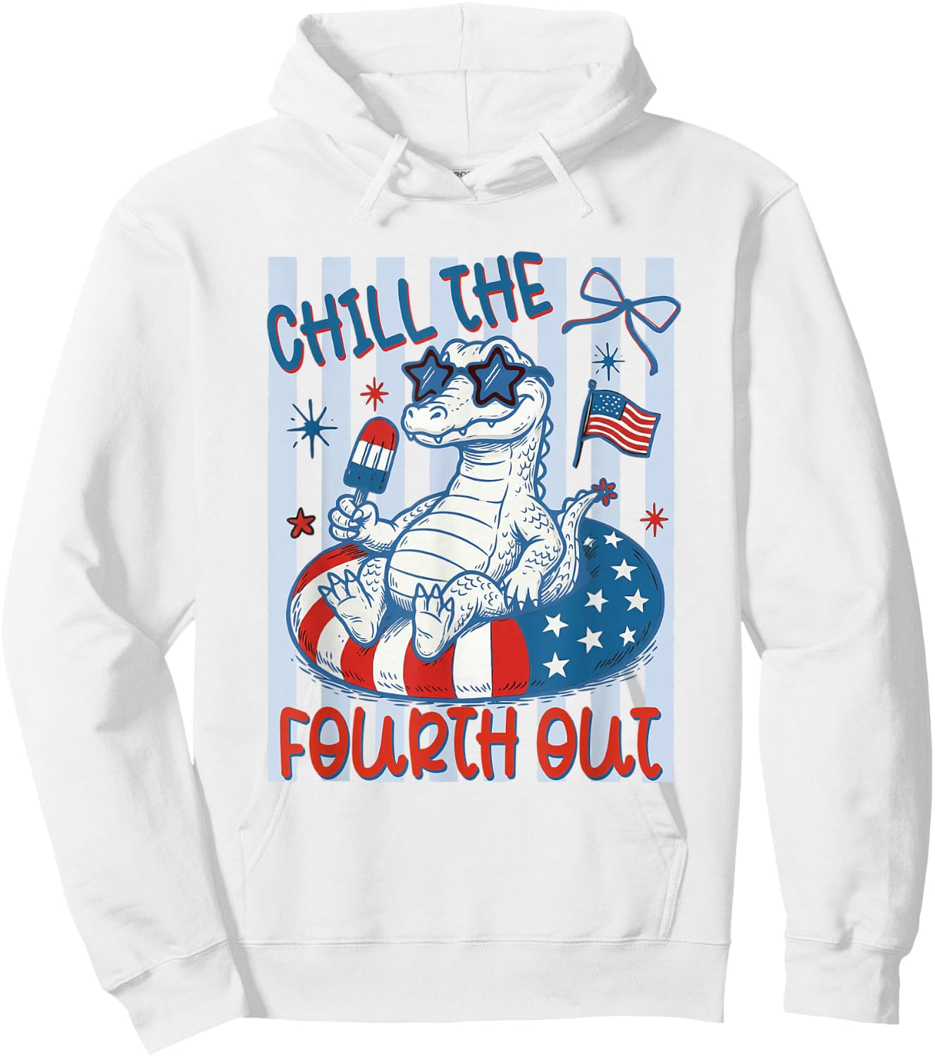 Striped Chill the Fourth Out Crocodile American Flag Gator Hoodie - Hoodie | White