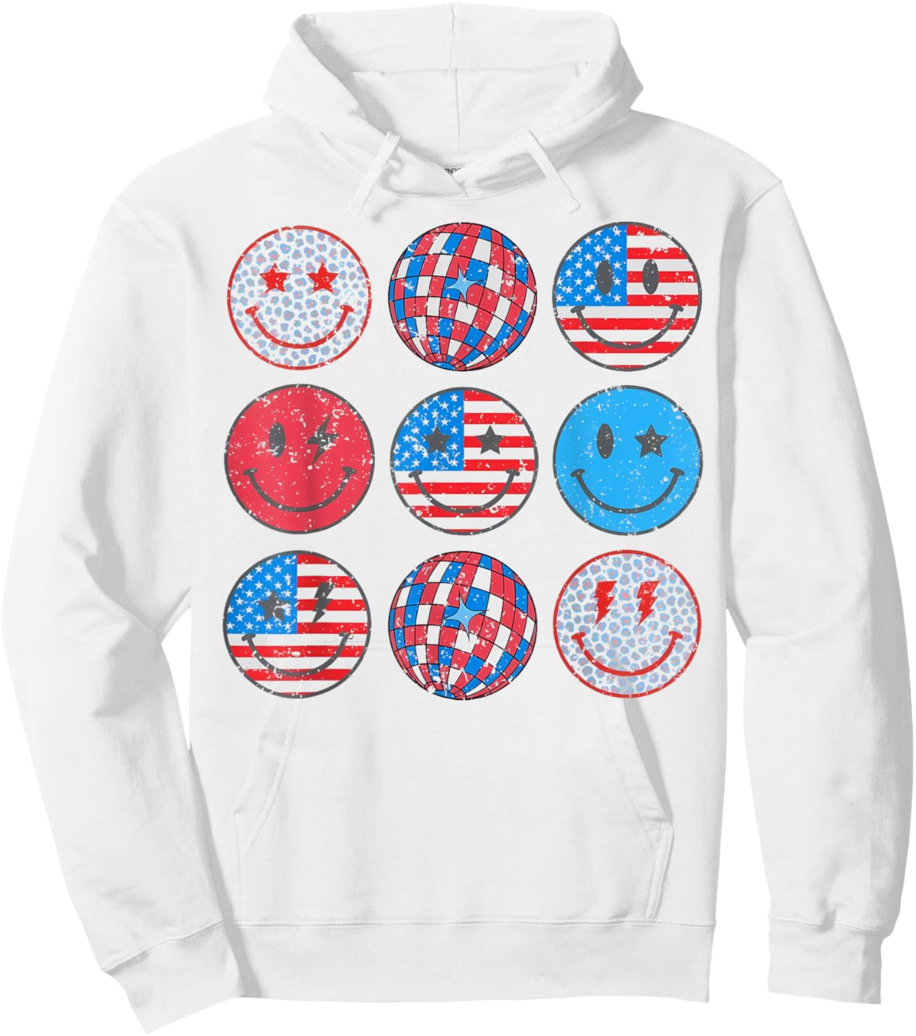 Happy 4th Of July Groovy Smile Face Red White Blue USA Flag Kids Men Hoodie - Hoodie | White