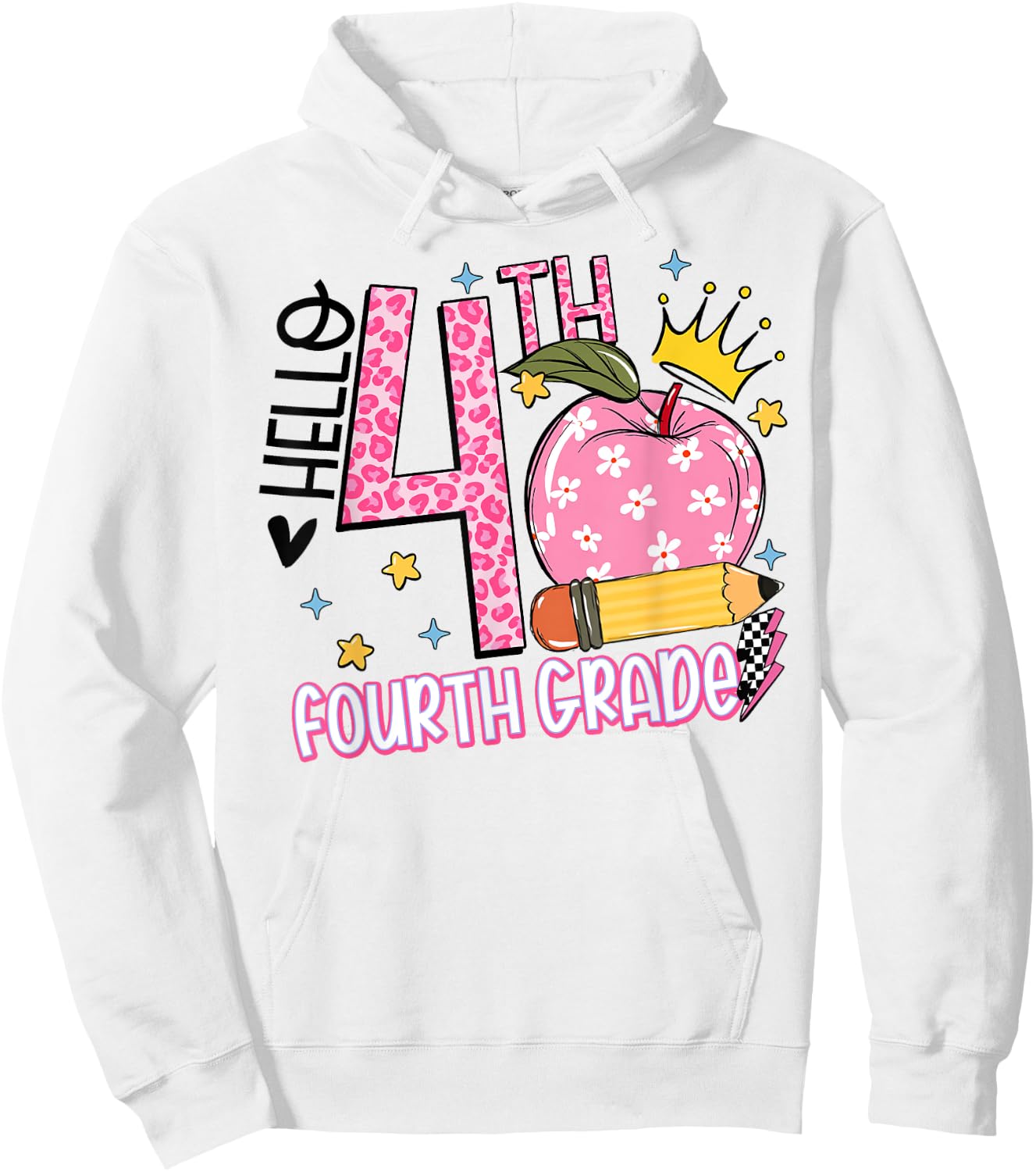 Hello 4th Fourth Grade Back To School Teacher Pink Leopard Women Girls Kids Hoodie - Hoodie | White