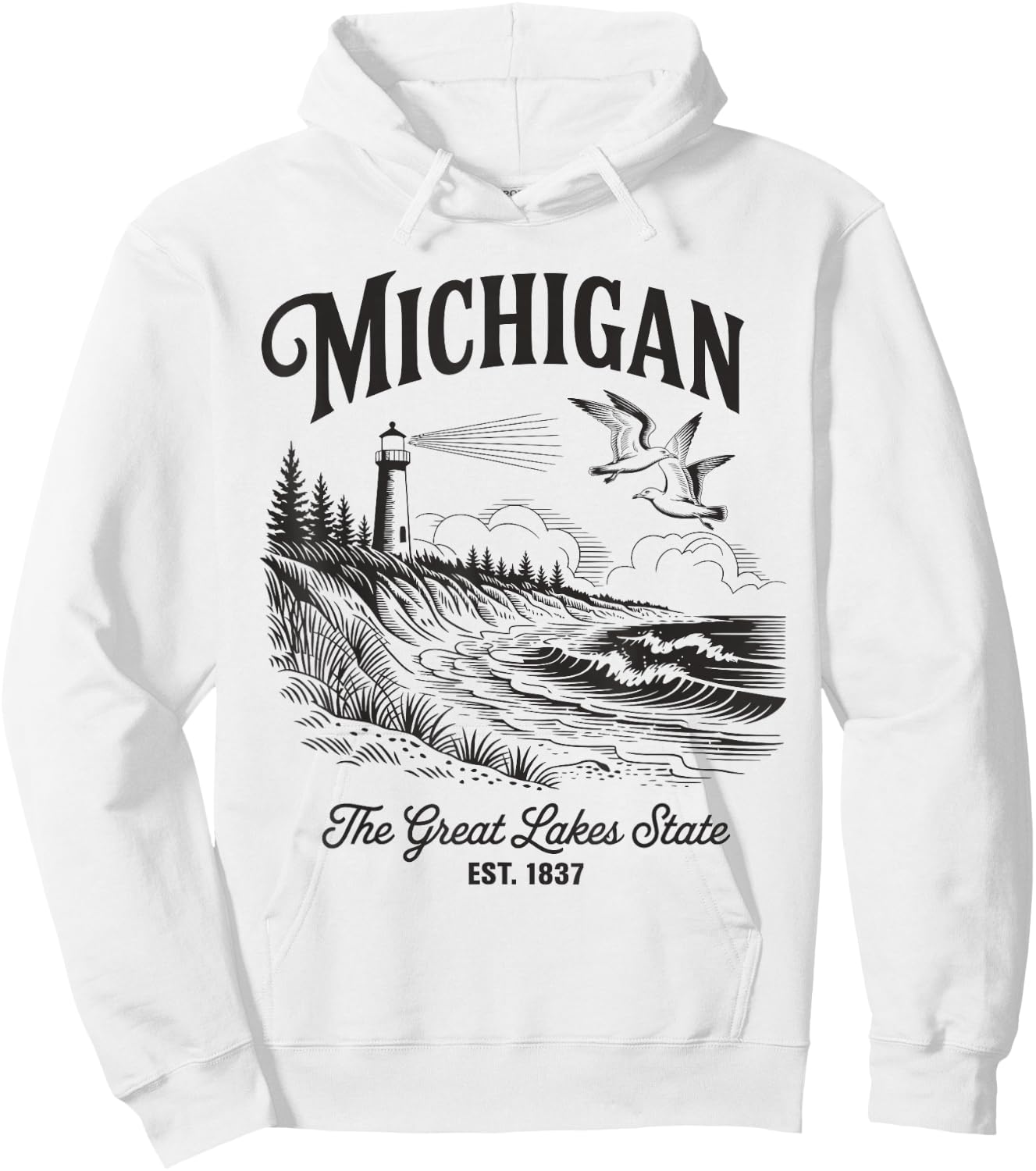 Michigan Lighthouse Waves Scene The Great Lakes State Nature Hoodie - Hoodie | White
