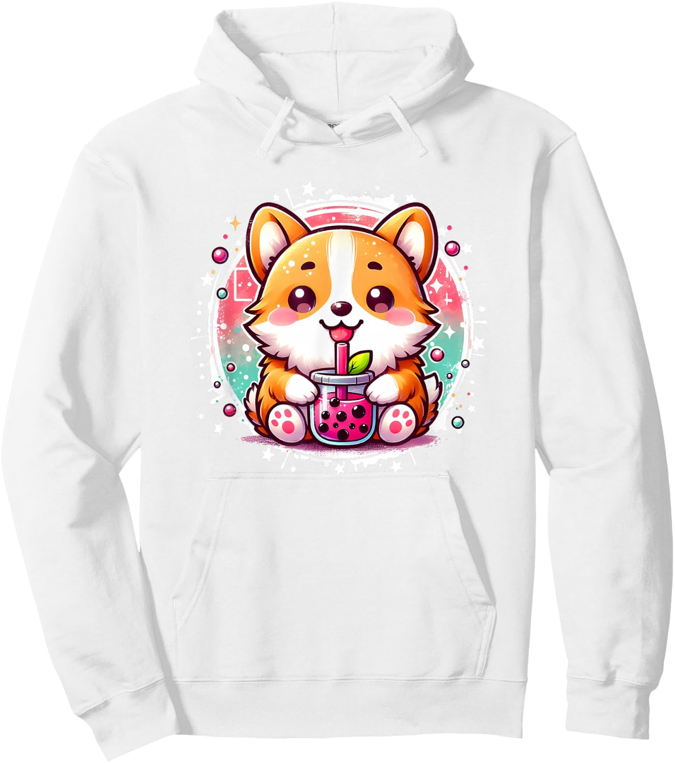 Cute Kawaii Stuff Corgi Dog Drinks Boba Bubble Tea Anime - Pink, Small, , Short Sleeve, Anime Themed Corgi Dog Hoodie - Hoodie | White
