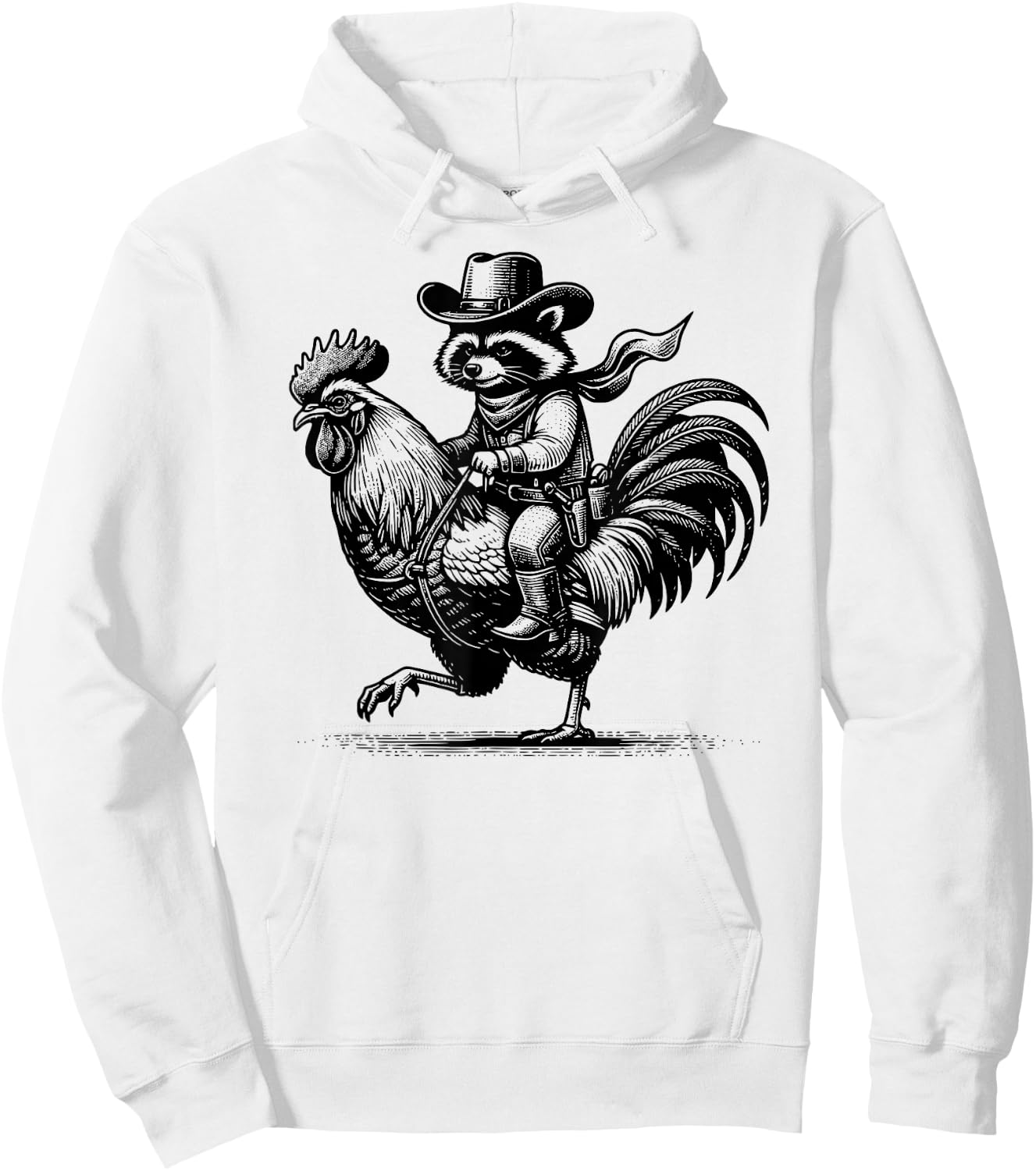 Funny Raccoon With Cowboy Hat & Boots Riding Rooster Vintage Hoodie - Hoodie | White