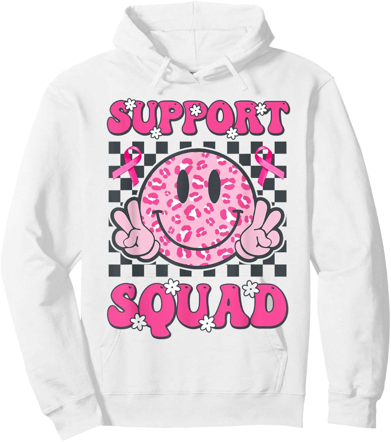 Support Squad Breast Cancer Awareness Smile Face Pink Ribbon Hoodie - Hoodie | White