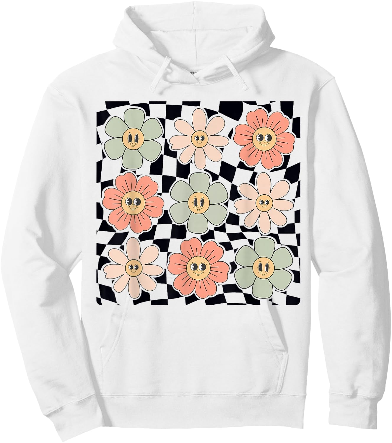 Retro Colorful Checkered Pattern Checkerboard Daisy Flowers Hoodie - Hoodie | White