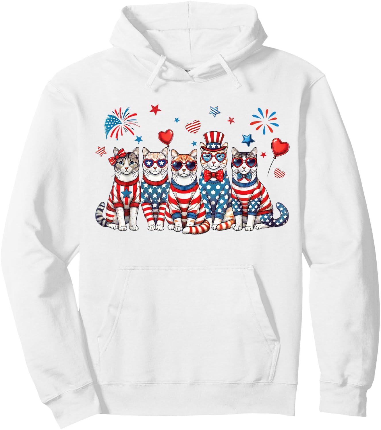 Patriotic Cats Wearing Red White Blue Glasses Fireworks USA Hoodie - Hoodie | White