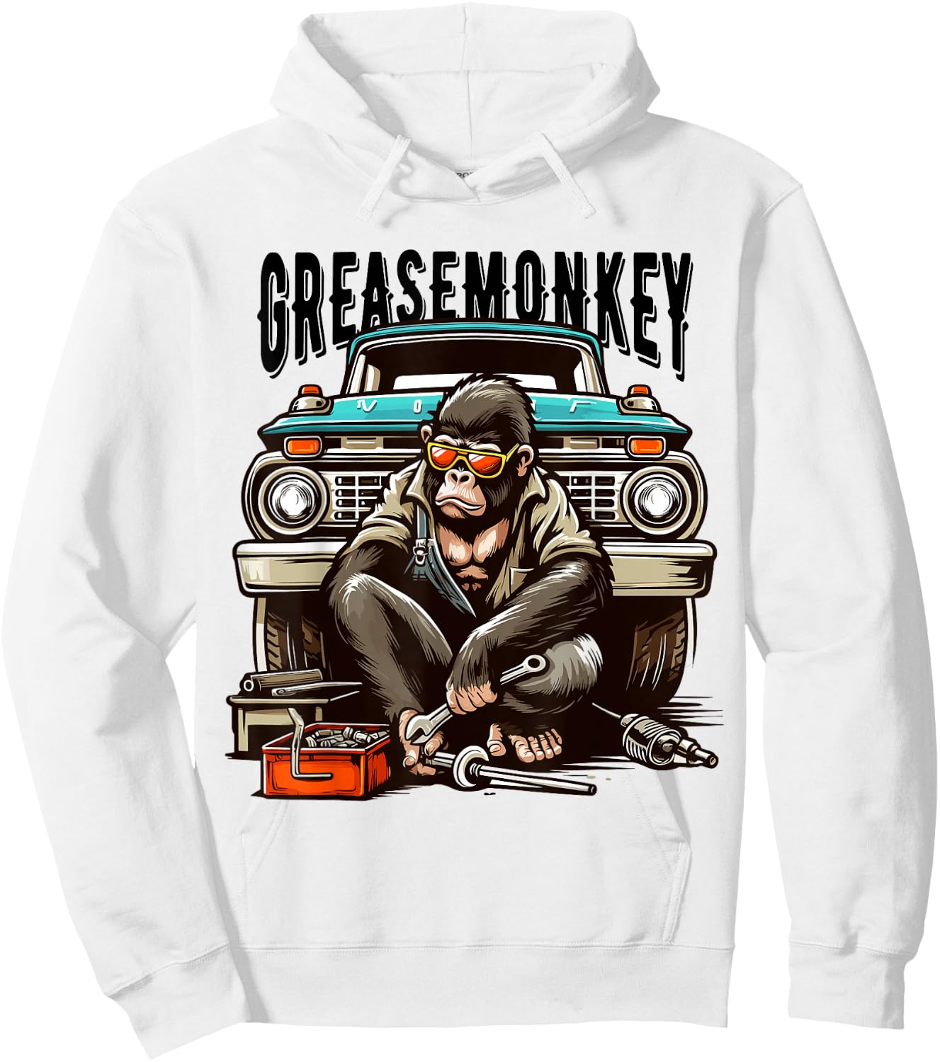 Cool Grease Monkey with Sunglasses Working on Vintage Truck Hoodie - Hoodie | White