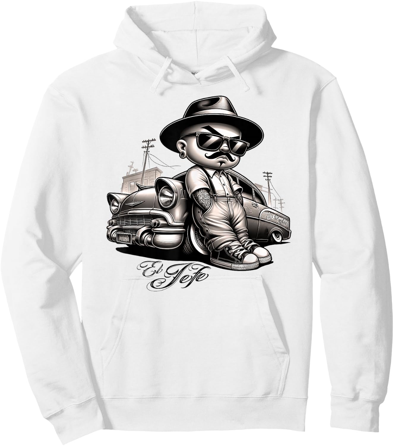 EL JEFE Bomba Lowrider Chicano Homie Tattoo Cholo Pachuco Hoodie - Hoodie | White