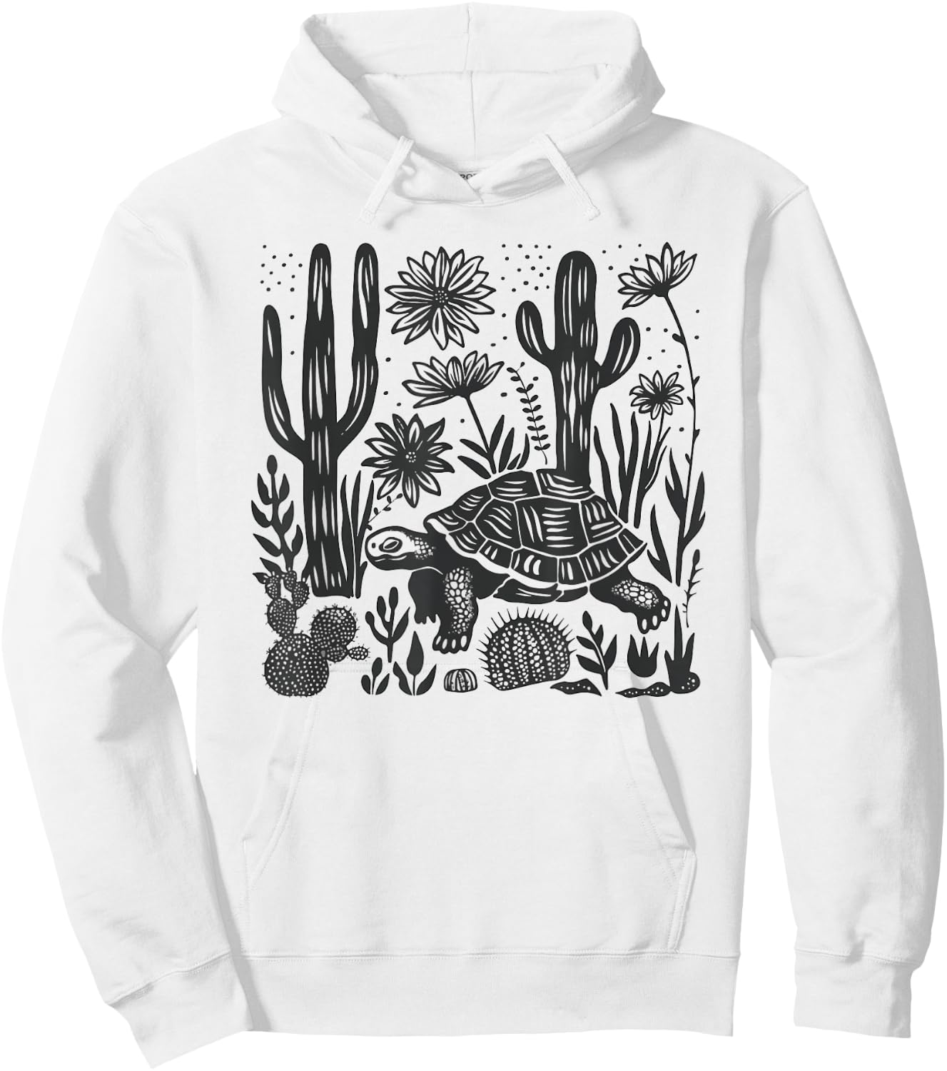 Mexican Linocut Print Mojave Desert Tortoise Cacti Landscape Hoodie - Hoodie | White