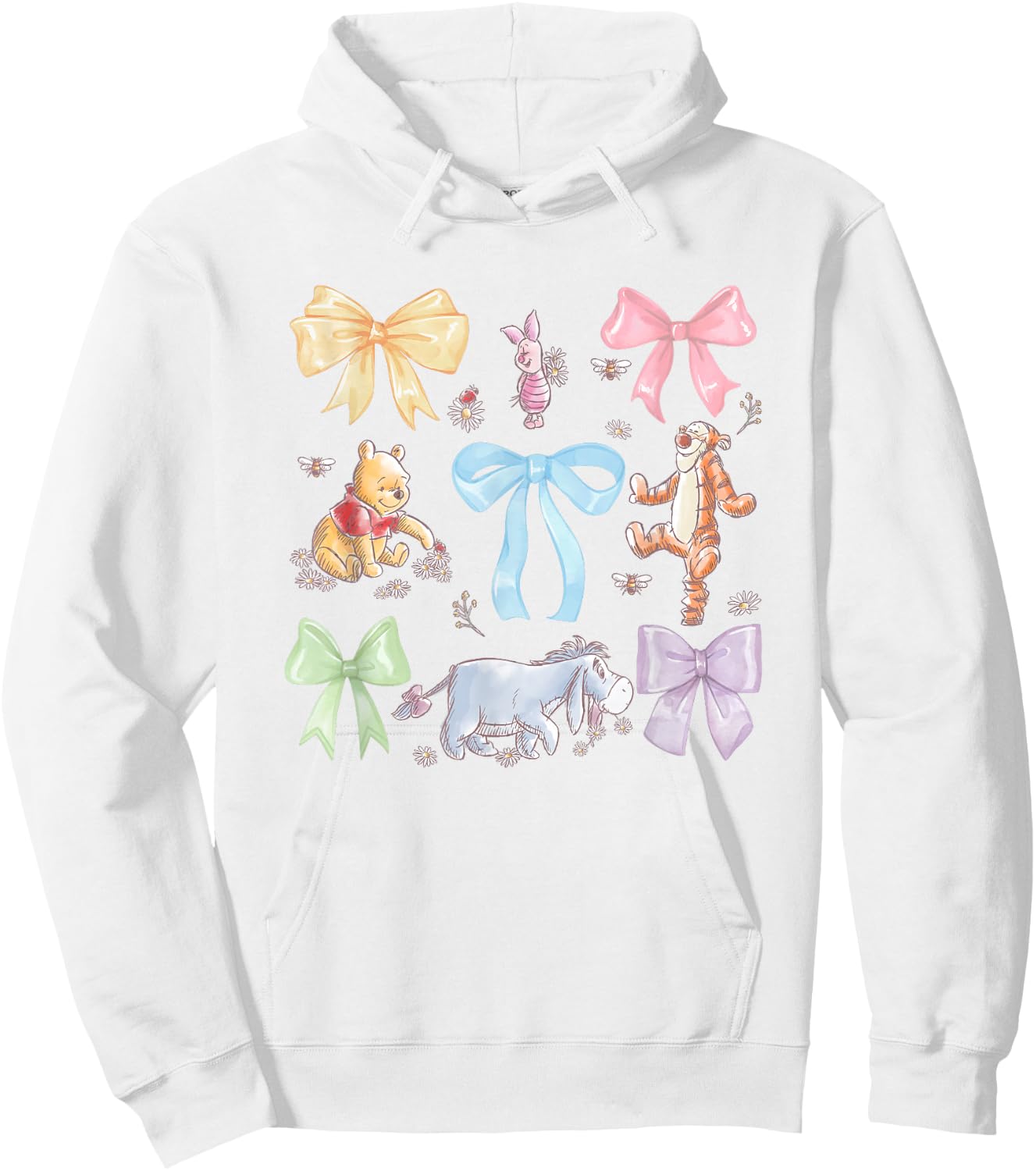 Disney Winnie The Pooh Cute Group Shot Sketch Chest Logo Hoodie - Hoodie | White