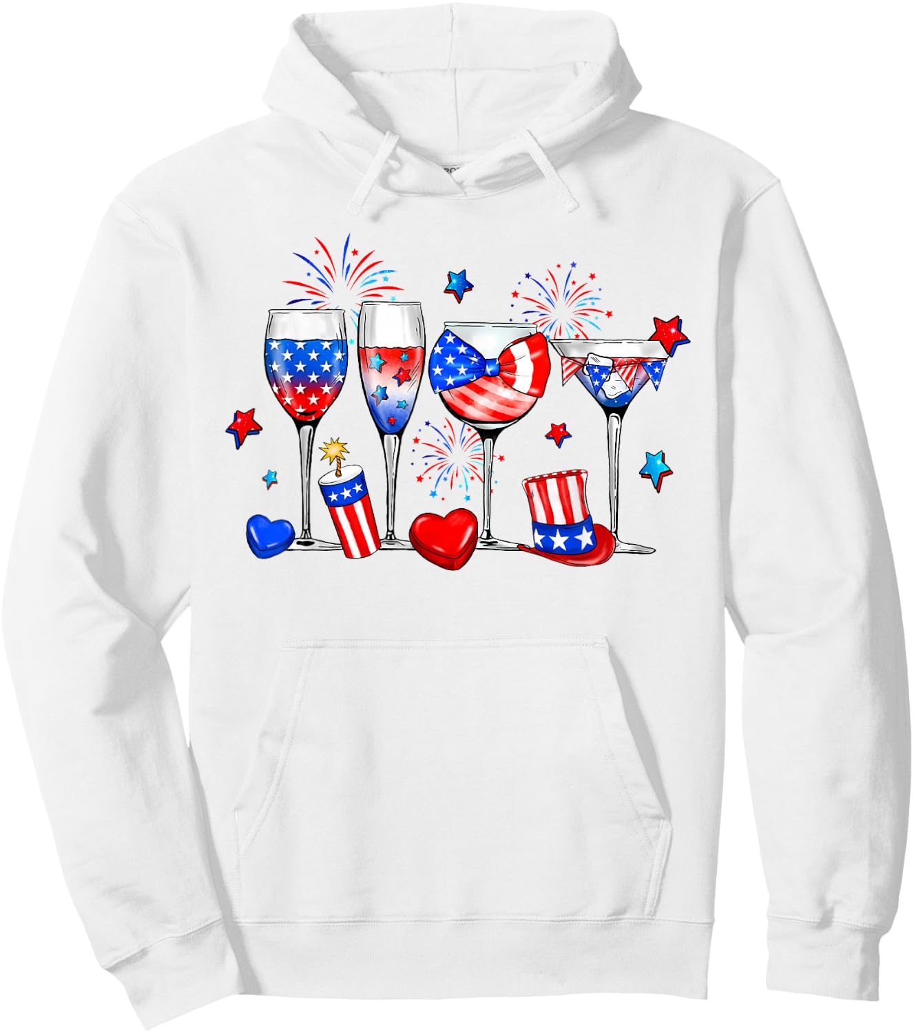 Wine Glasses 4th Of July Drinking Red White Blue USA Flag Hoodie - Hoodie | White