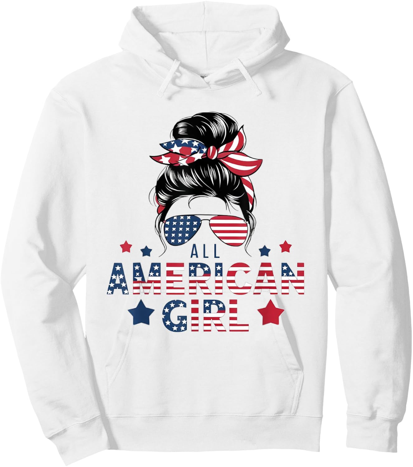 4th of July All American Girls Messy Bun Women USA Flag Hoodie - Hoodie | White