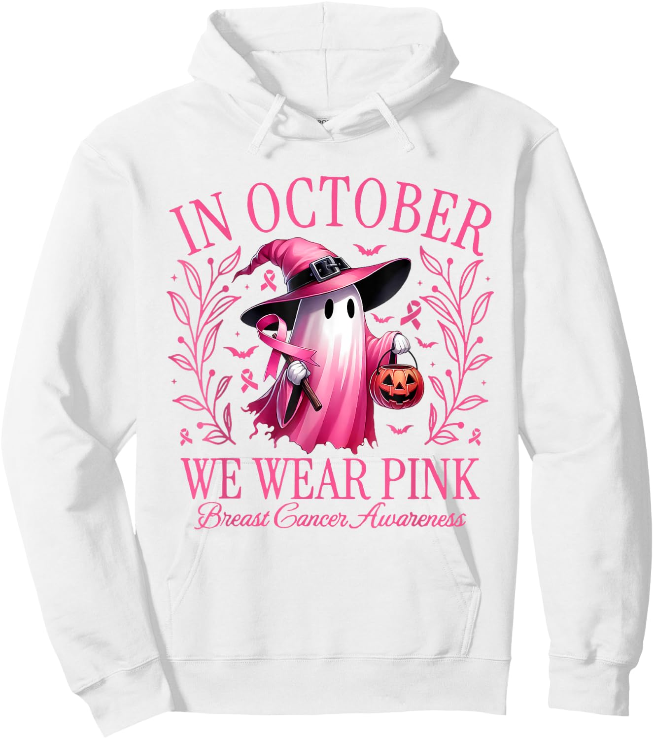 In October We Wear Pink Breast Cancer Awareness Halloween Hoodie - Hoodie | White
