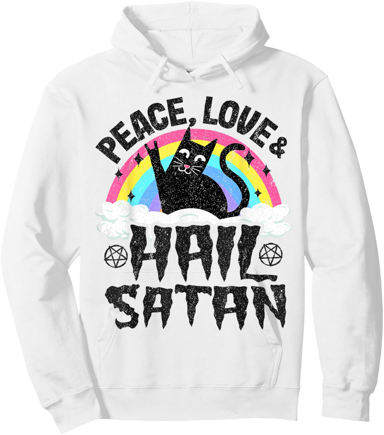 Peace Love & Hail Satan Cat Kids Punk Band Metal Rainbow Hoodie - Hoodie | White