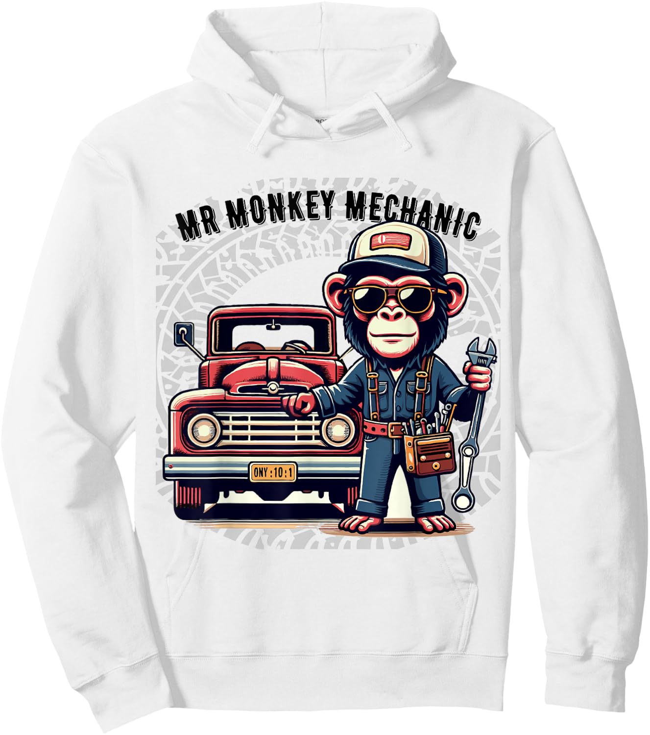 Mr Cute Monkey Mechanic Sunglasses Working on Vintage Truck Hoodie - Hoodie | White