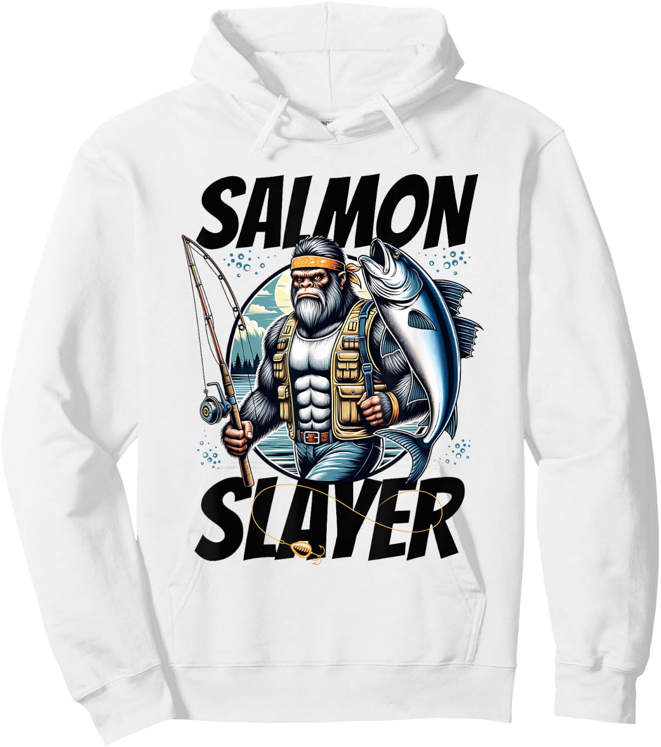 Salmon Slayer Funny Bigfoot Fishing Salmon Fish Hoodie - Hoodie | White