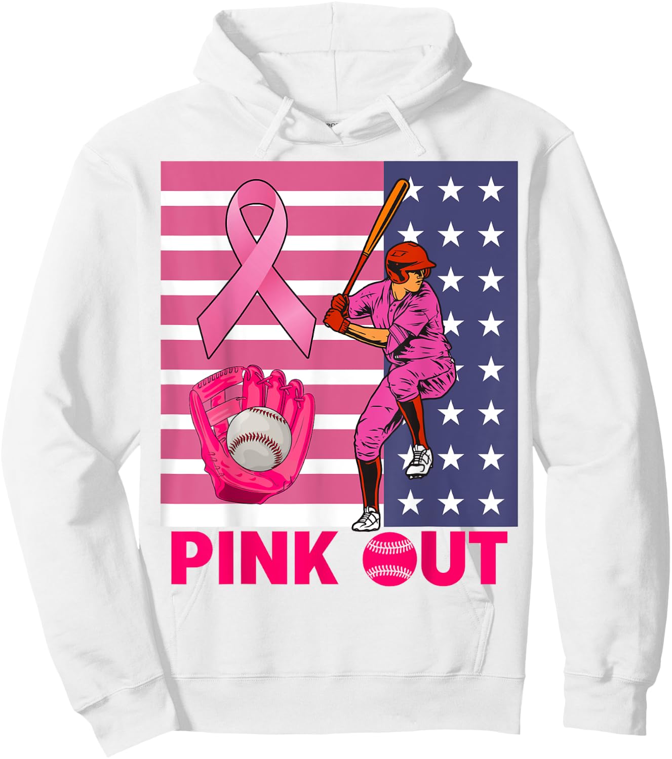 Pink Out Ribbon Baseball Breast Cancer Awareness Hoodie - Hoodie | White