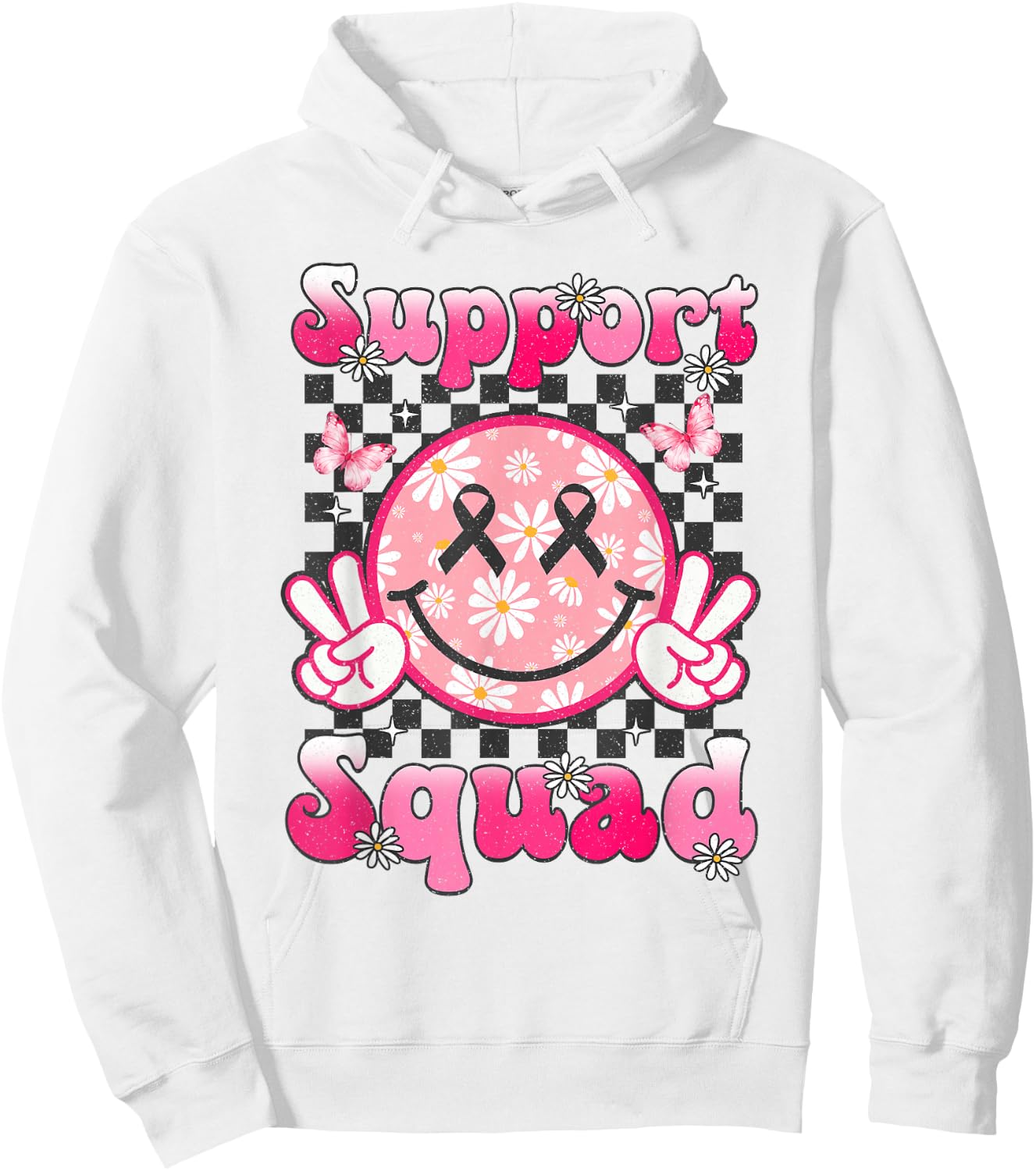 Support Squad Breast Cancer Awareness Smile Face Pink Ribbon Hoodie - Hoodie | White