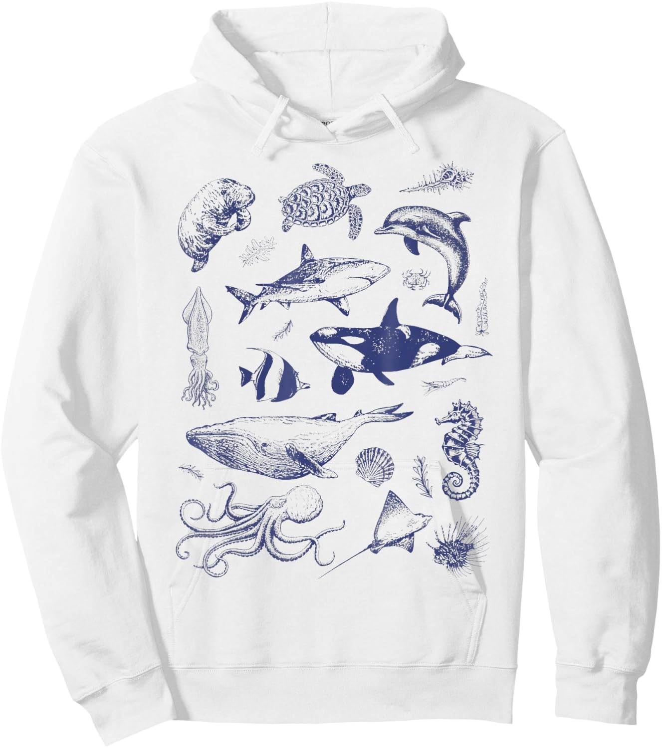 Ocean Wildlife Vintage Shark Turtle Octopus Graphic Hoodie - Hoodie | White