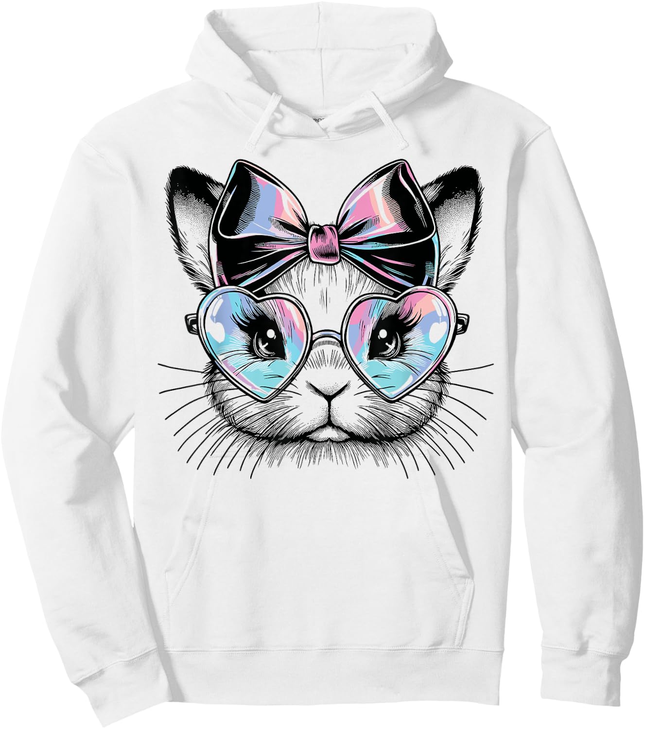 Cute Rabbit with Heart-Shaped Glasses and Bow Hoodie - Hoodie | White