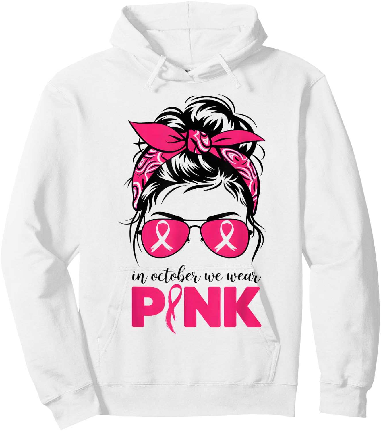 In October We Wear Pink Messy Bun Hair Pink Hoodie - Hoodie | White