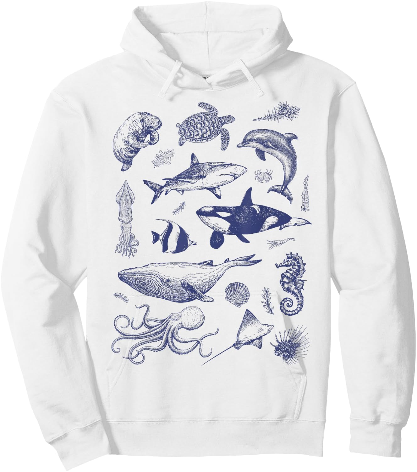 Ocean Wildlife Vintage Shark Turtle Octopus Graphic Hoodie - Hoodie | White